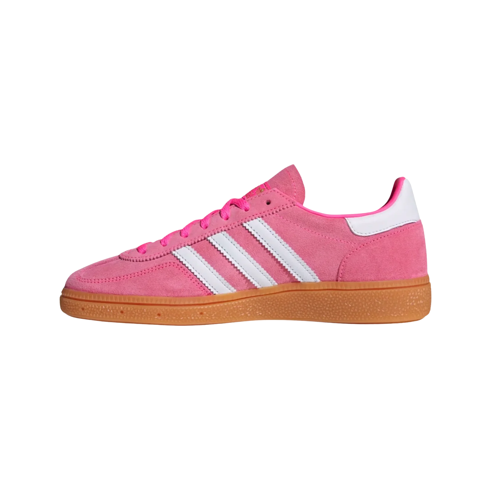 Adidas Spezial Lucid Pink – gegenüberliegende Seitenansicht der Retro-Damen-Sneaker aus Wildleder mit Gummisohle und weißen Streifen