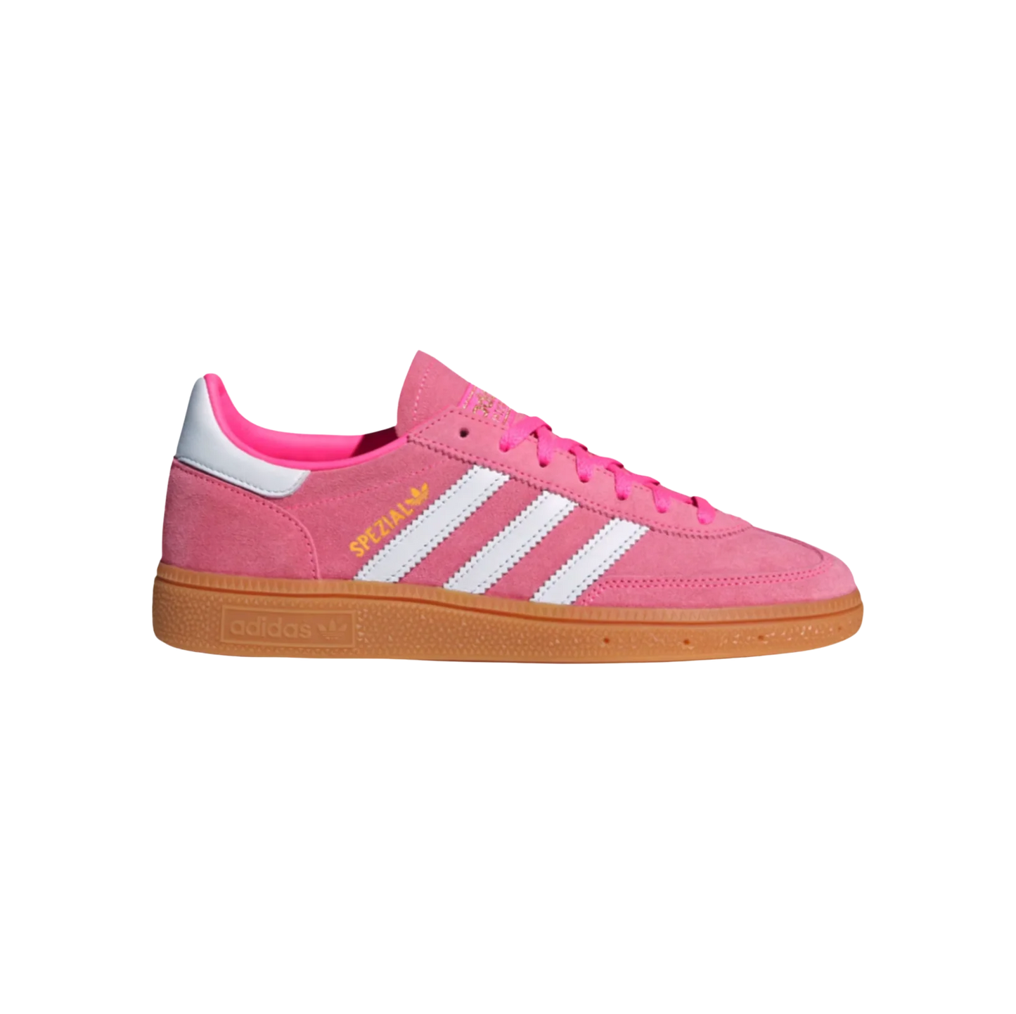 Adidas Spezial Lucid Pink – Seitenansicht der Retro-Damen-Sneaker aus Wildleder mit Gummisohle und weißen Streifen
