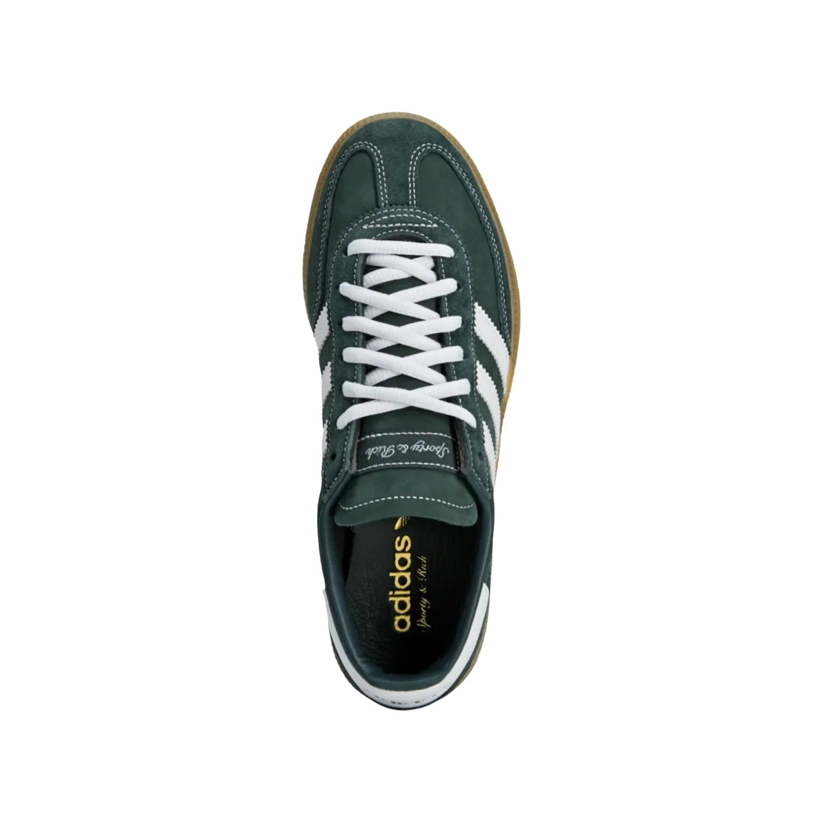 Adidas Sporty and Rich – Draufsicht der Retro-Unisex-Sneaker aus dunkelgrünem Leder mit Gummisohle und weißen Cloud-Streifen