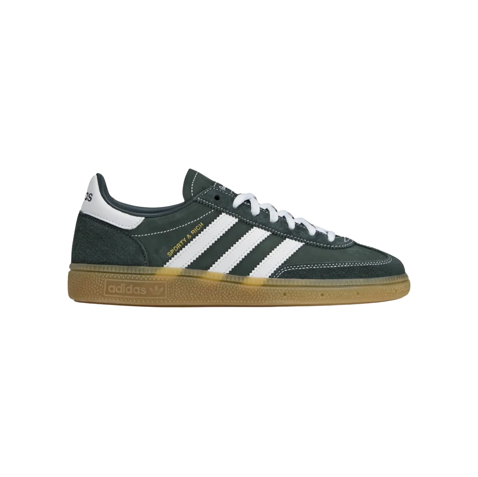 Adidas Sporty and Rich – Seitenansicht der Retro-Unisex-Sneaker aus dunkelgrünem Leder mit Gummisohle und weißen Cloud-Streifen