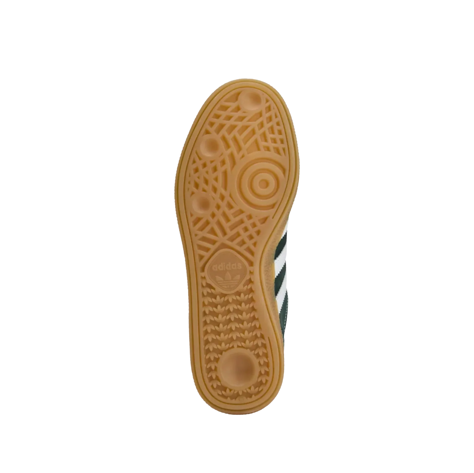 Adidas Sporty and Rich – Sohlenansicht der Retro-Unisex-Sneaker aus dunkelgrünem Leder mit Gummisohle und weißen Cloud-Streifen