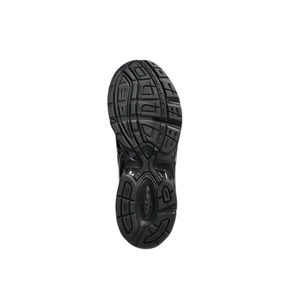 ASICS GEL 1130 Black & Pure Silver – Sohlenansicht der Retro-Tech Sneaker mit griffiger schwarzer Gummisohle und GEL™-Technologie