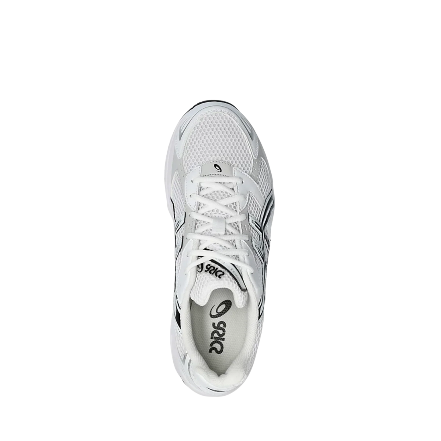 ASICS GEL 1130 White & Black – Draufsicht auf die Retro-Tech Sneaker mit atmungsaktiver Mesh-Oberfläche, weißen Schnürsenkeln und Textilfutter