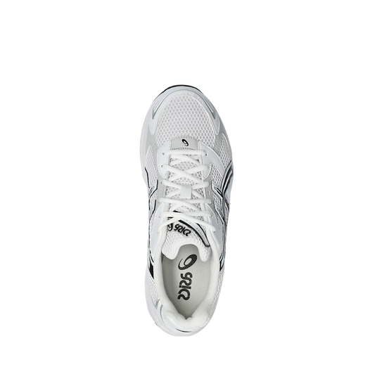 ASICS GEL 1130 White & Black – Draufsicht auf die Retro-Tech Sneaker mit atmungsaktiver Mesh-Oberfläche, weißen Schnürsenkeln und Textilfutter