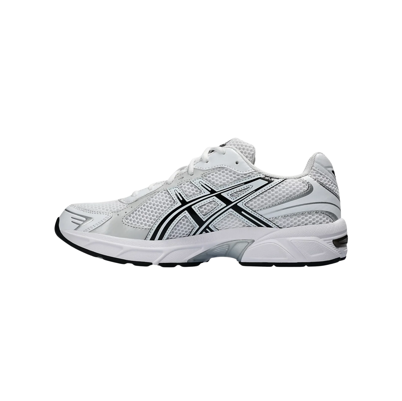 ASICS GEL 1130 White & Black – gegenüberliegende Seitenansicht der Retro-Tech Sneaker aus Mesh und Synthetik mit sichtbarer GEL-Technologie