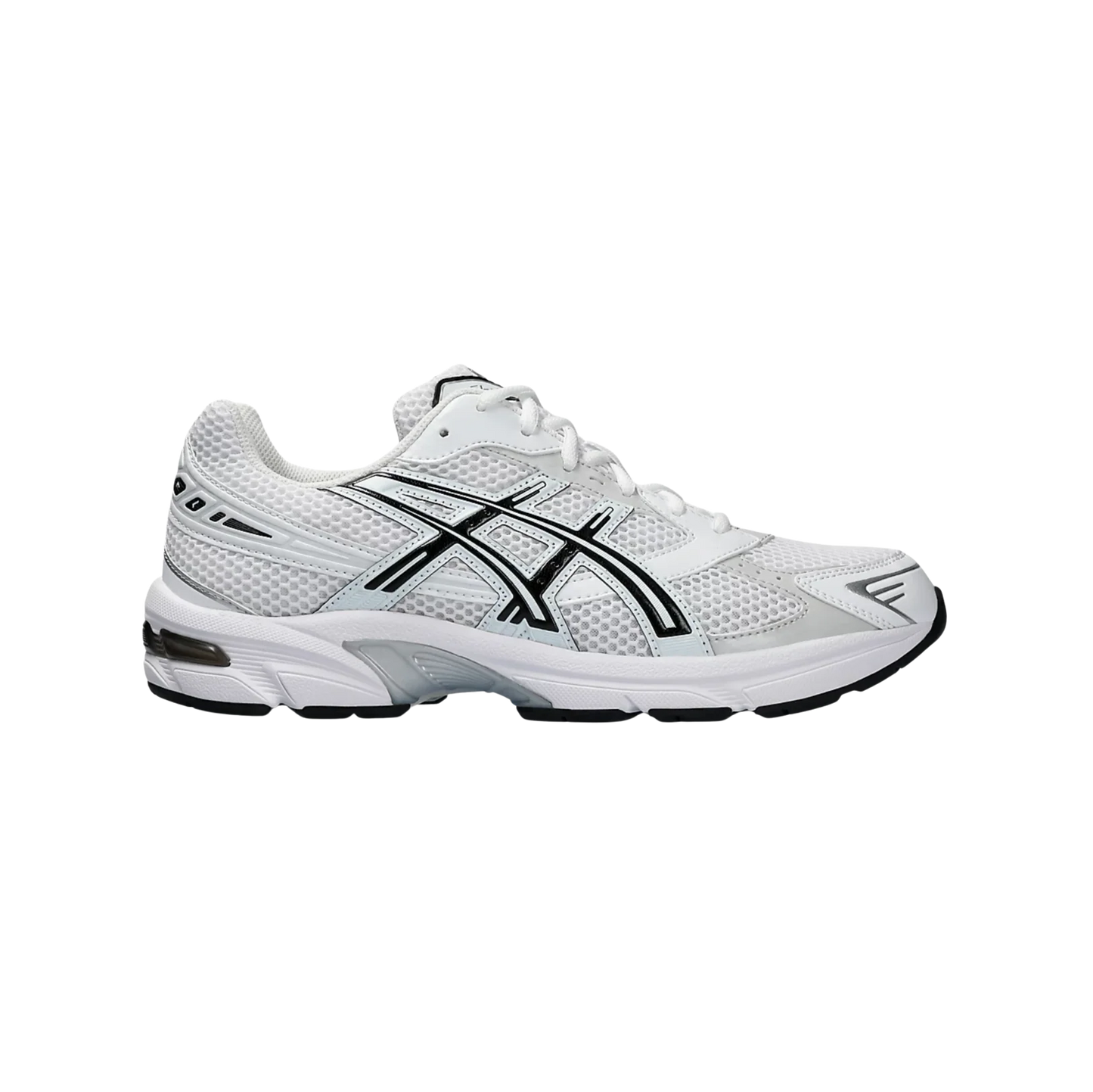 ASICS GEL 1130 White & Black – seitliche Ansicht der Retro-Tech Sneaker aus Mesh mit schwarzen Overlays und Gummisohle