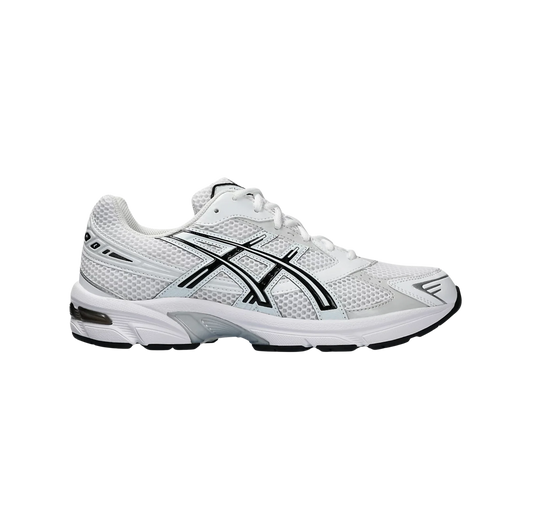 ASICS GEL 1130 White & Black – seitliche Ansicht der Retro-Tech Sneaker aus Mesh mit schwarzen Overlays und Gummisohle