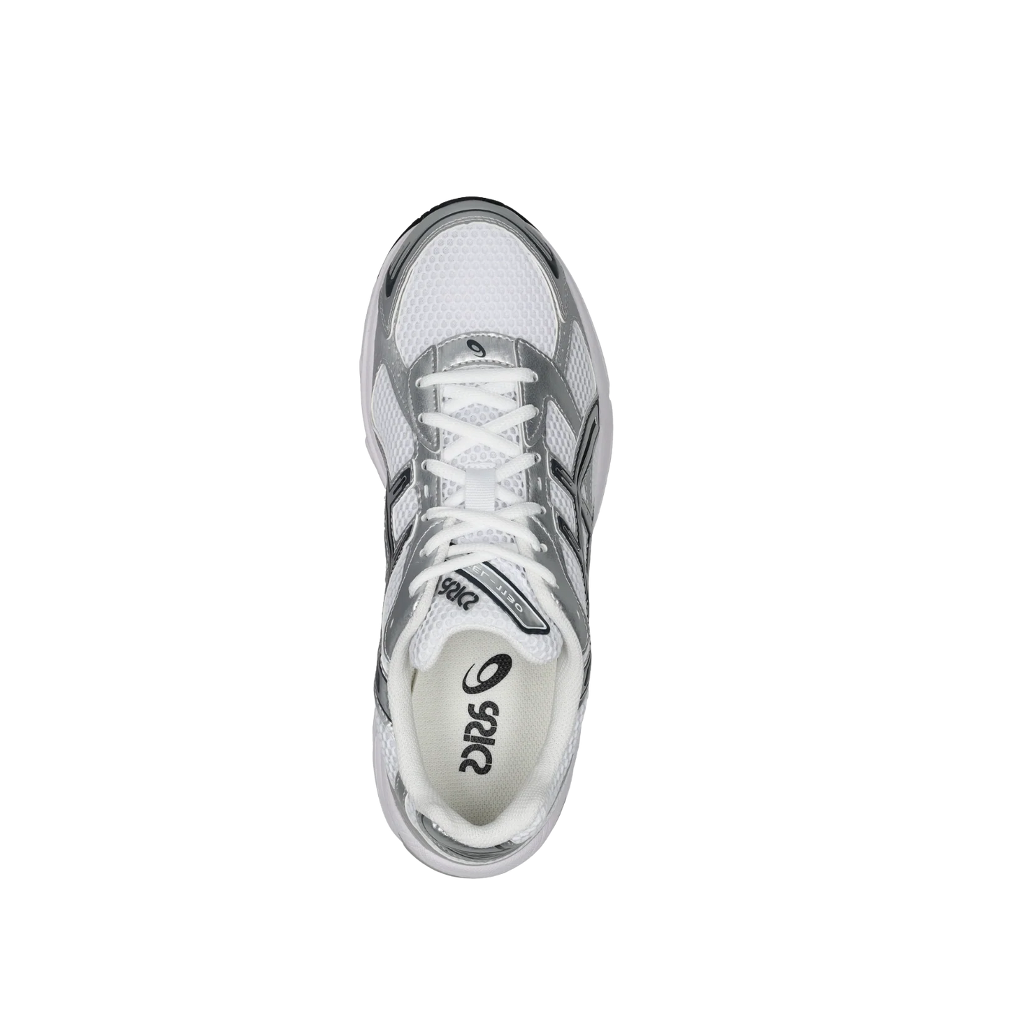 ASICS GEL 1130 White Pure Silver – Draufsicht mit weißem, atmungsaktivem Mesh, weißen Schnürsenkeln und sichtbarem ASICS-Logo auf der Zunge