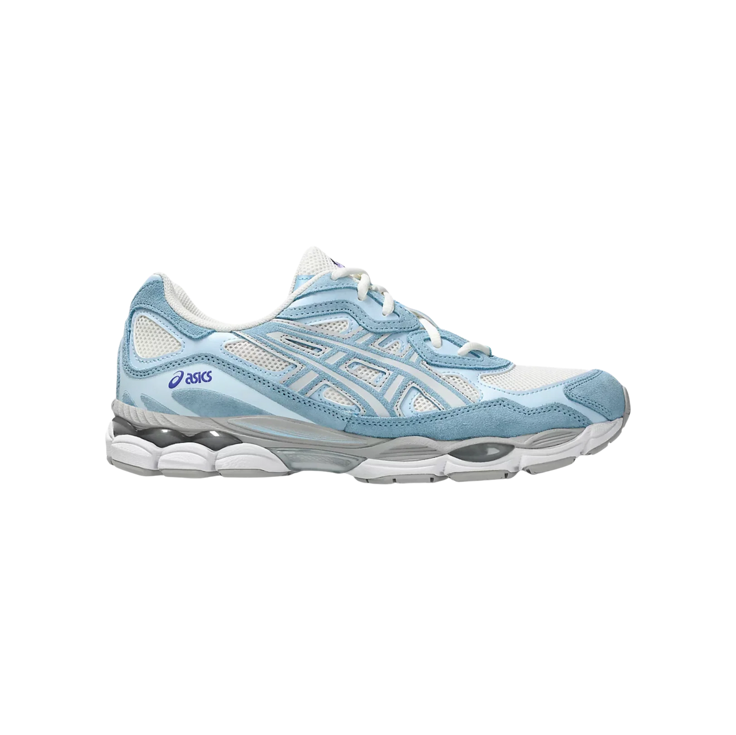 ASICS GEL NYC Arctic Sky – Seitenansicht des Retro-Tech-Sneakers aus Leder mit GEL™-Dämpfung und Gummiaußensohle