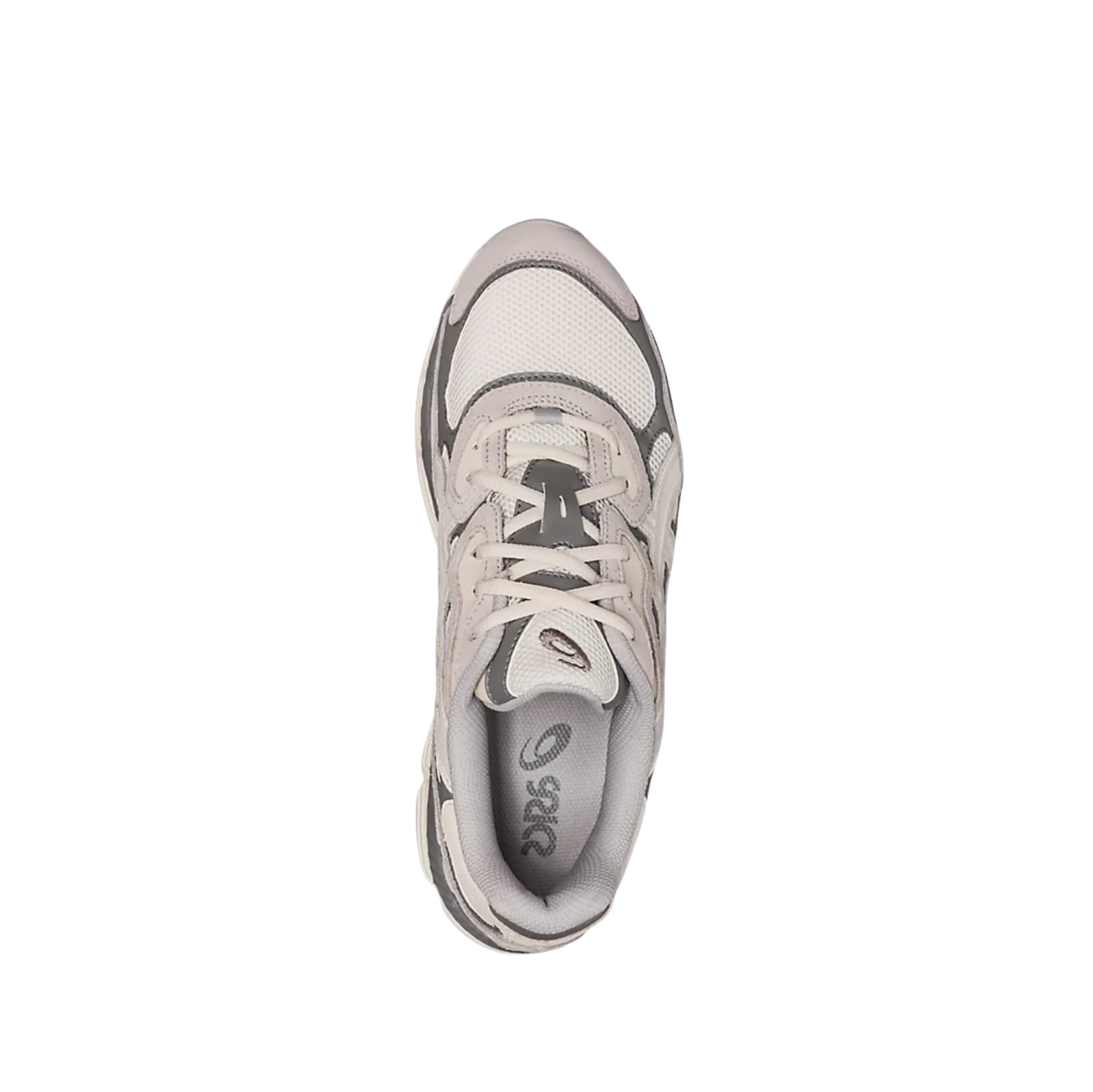 ASICS GEL NYC Cream Oyster Grey – Draufsicht mit weißen Schnürsenkeln, Leder-Mesh-Obermaterial und minimalistischem Design