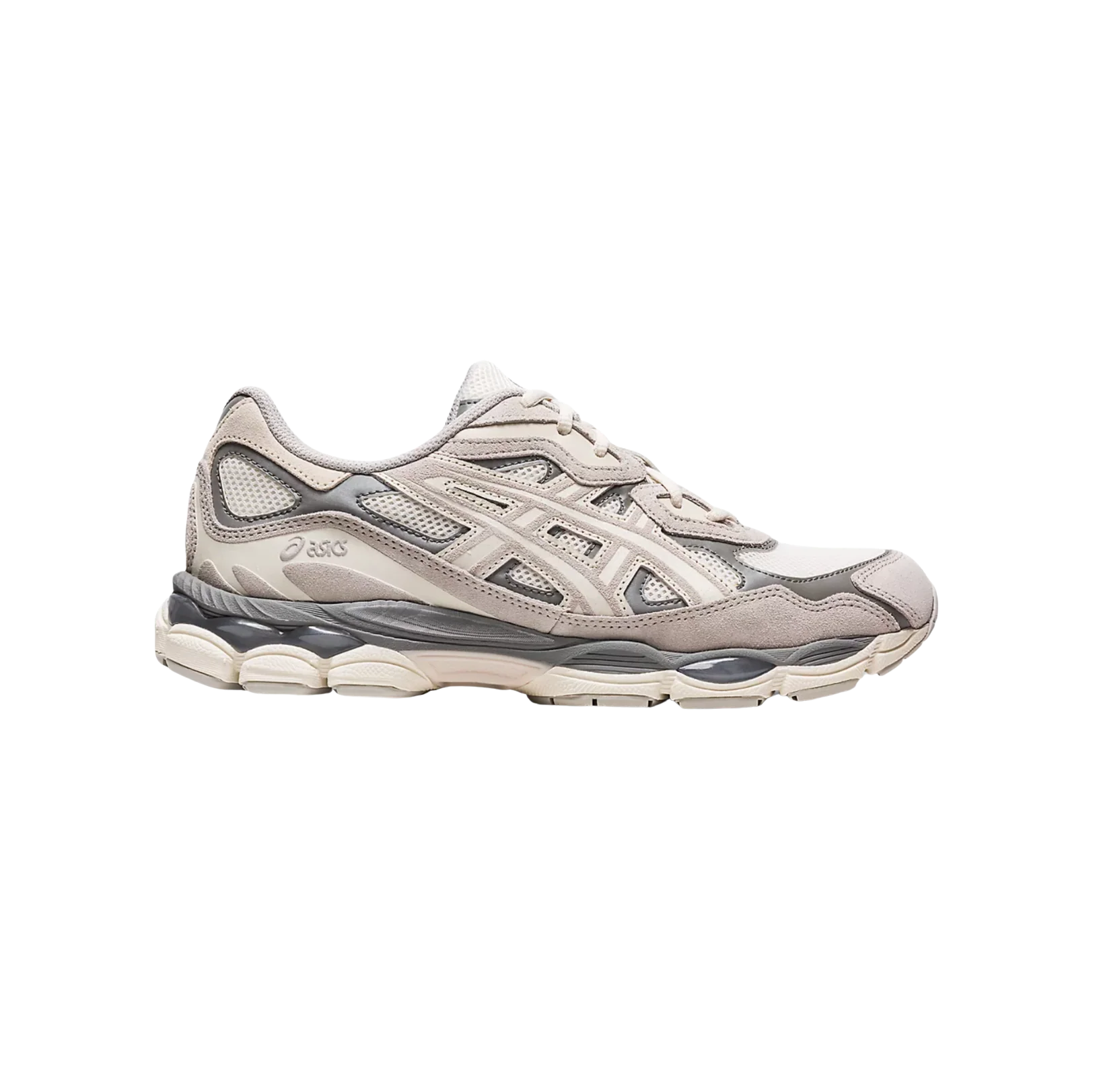 ASICS GEL NYC Cream Oyster Grey – Seitenansicht des Retro-Tech-Sneakers aus Leder mit GEL™-Dämpfung und Gummiaußensohle