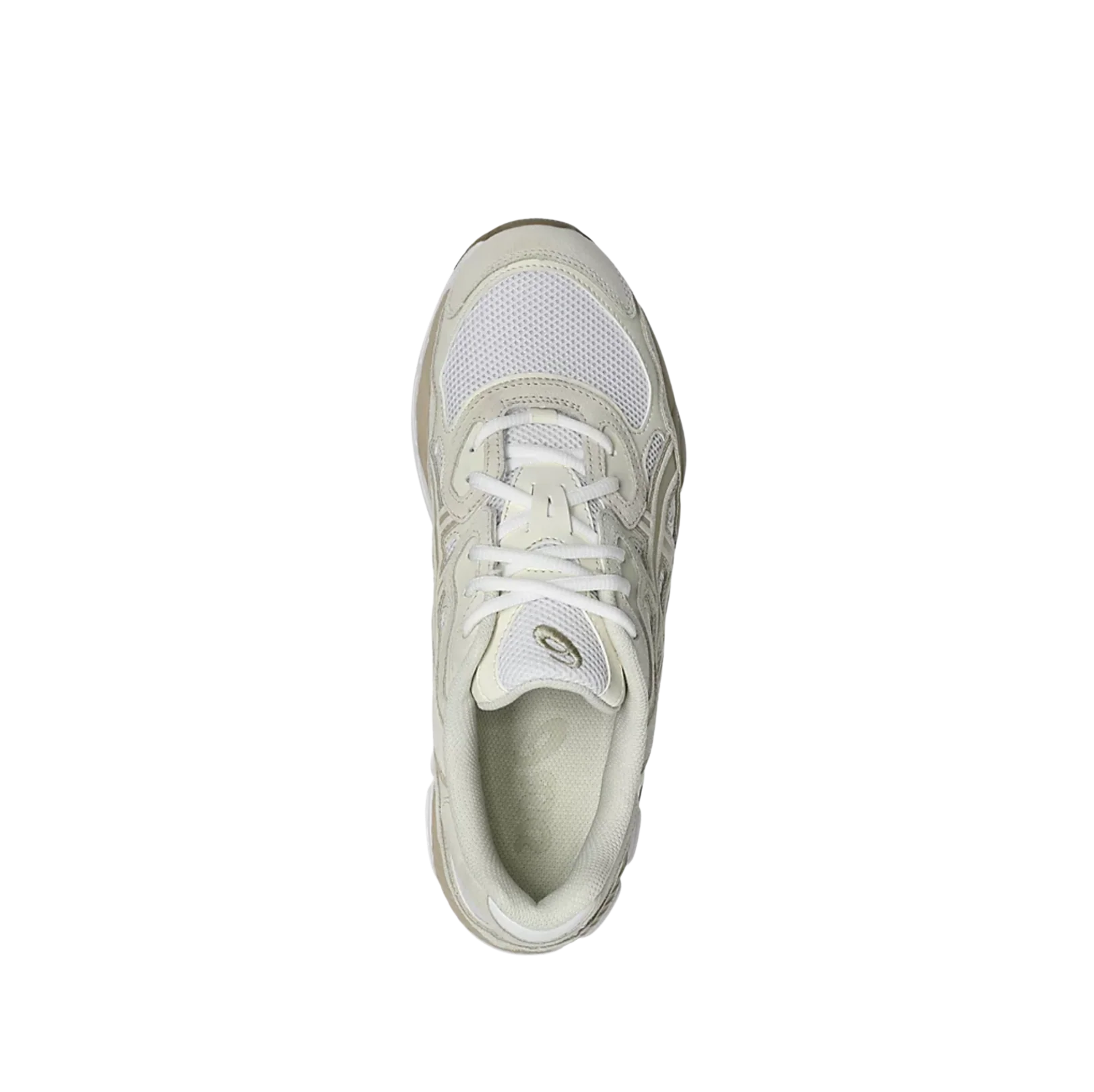 ASICS GEL NYC Feather Grey – Draufsicht der Retro-Tech-Sneaker aus Leder und Mesh mit weißen Schnürsenkeln und atmungsaktivem Innenfutter