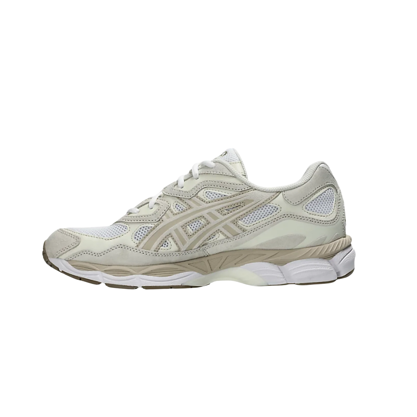 ASICS GEL NYC Feather Grey – gegenüberliegende Seitenansicht der Retro-Tech-Sneaker aus Leder und Mesh mit cremefarbenen Details