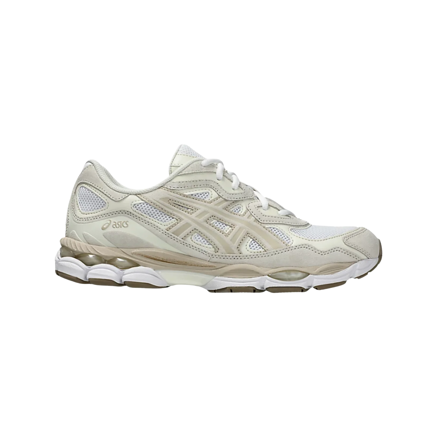 ASICS GEL NYC Feather Grey – Seitenansicht der Retro-Tech-Sneaker aus Leder und Mesh mit Gummisohle und cremefarbenen Details