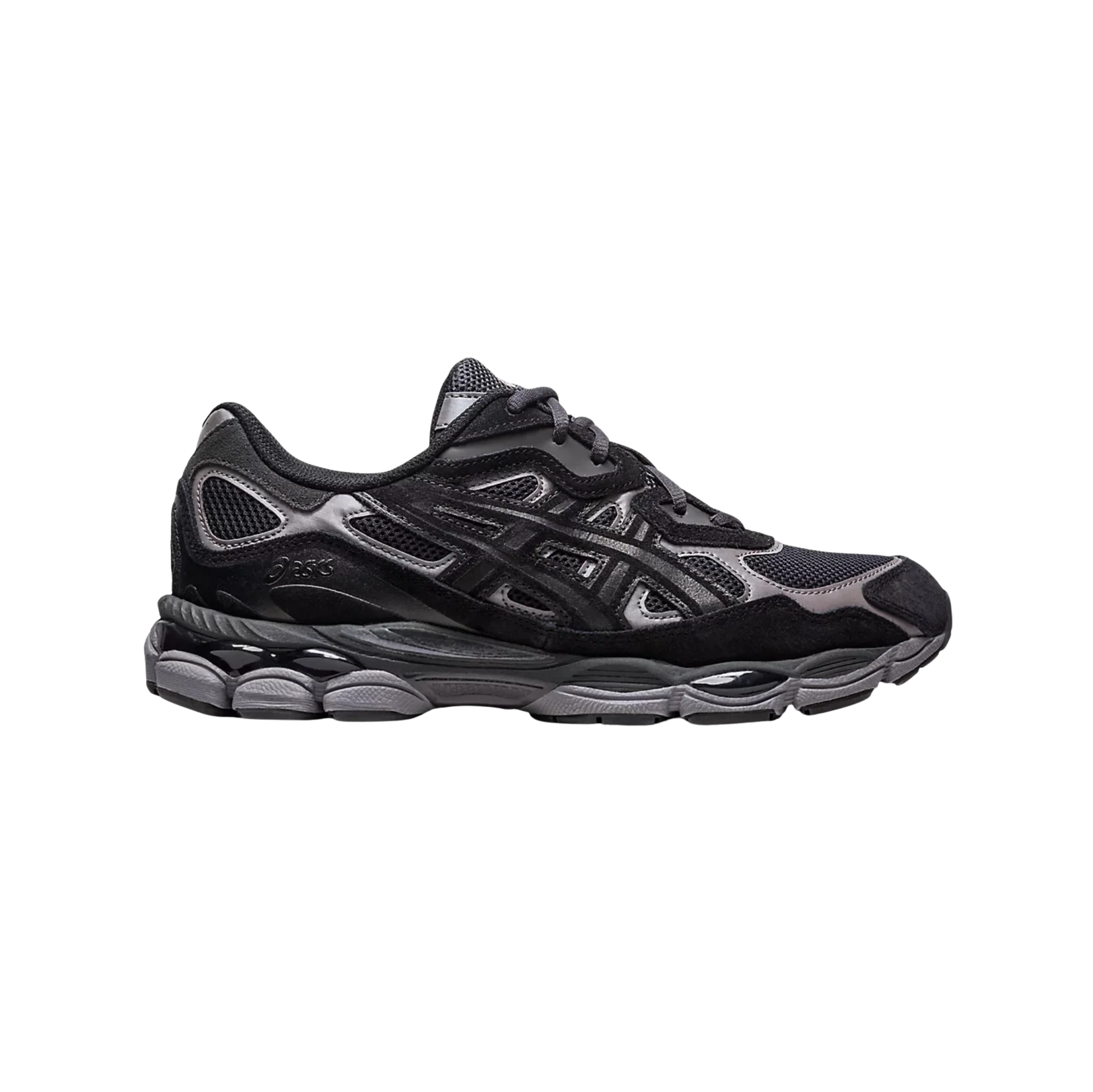 ASICS GEL NYC Graphite Grey Black – Seitenansicht des Retro-Tech-Sneakers aus Leder und Mesh mit GEL™-Dämpfung und Gummiaußensohle