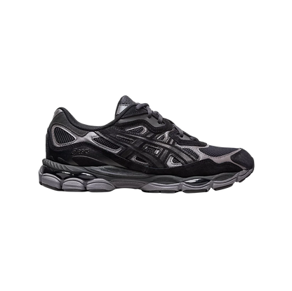 ASICS GEL NYC Graphite Grey Black – Seitenansicht des Retro-Tech-Sneakers aus Leder und Mesh mit GEL™-Dämpfung und Gummiaußensohle