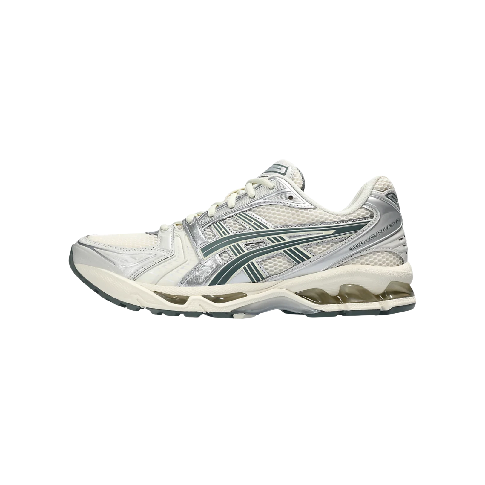 ASICS Kayano 14 Birch Dark Pewter – Innenseite des Retro-Tech-Sneakers mit sichtbarer GEL™-Dämpfung und Mesh-Konstruktion