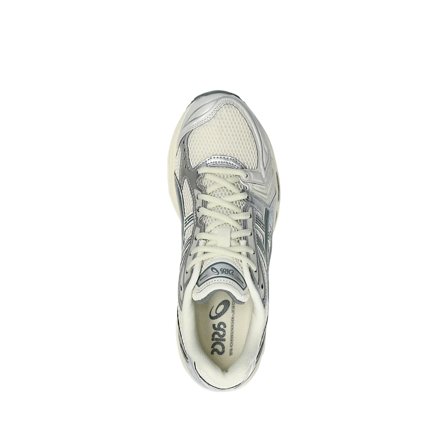 ASICS Kayano 14 Birch Dark Pewter – Draufsicht des Retro-Tech-Sneakers mit cremefarbenen Schnürsenkeln und dynamischer Form