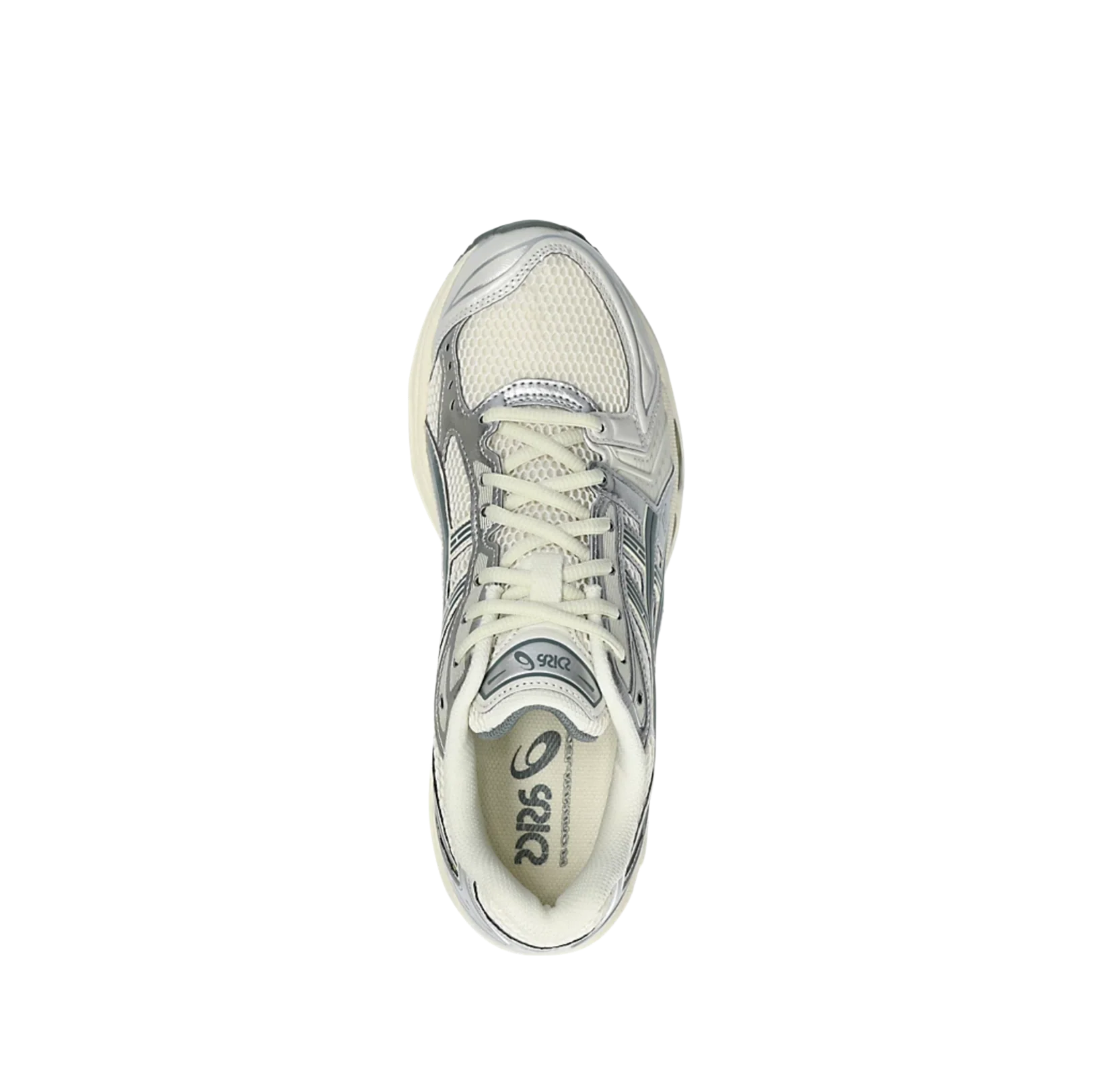 ASICS Kayano 14 Birch Dark Pewter – Draufsicht des Retro-Tech-Sneakers mit cremefarbenen Schnürsenkeln und dynamischer Form