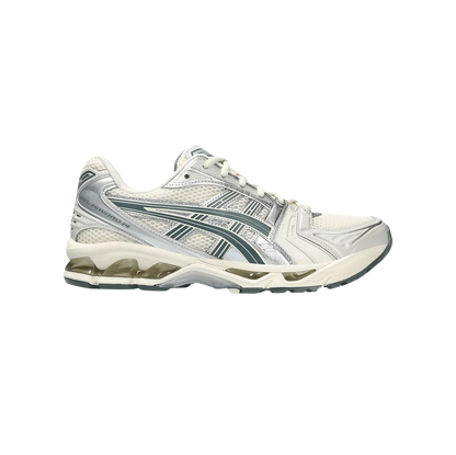 ASICS Kayano 14 Birch Dark Pewter – Seitenansicht des Retro-Tech-Sneakers aus Mesh & Polyurethan mit Gummisohle