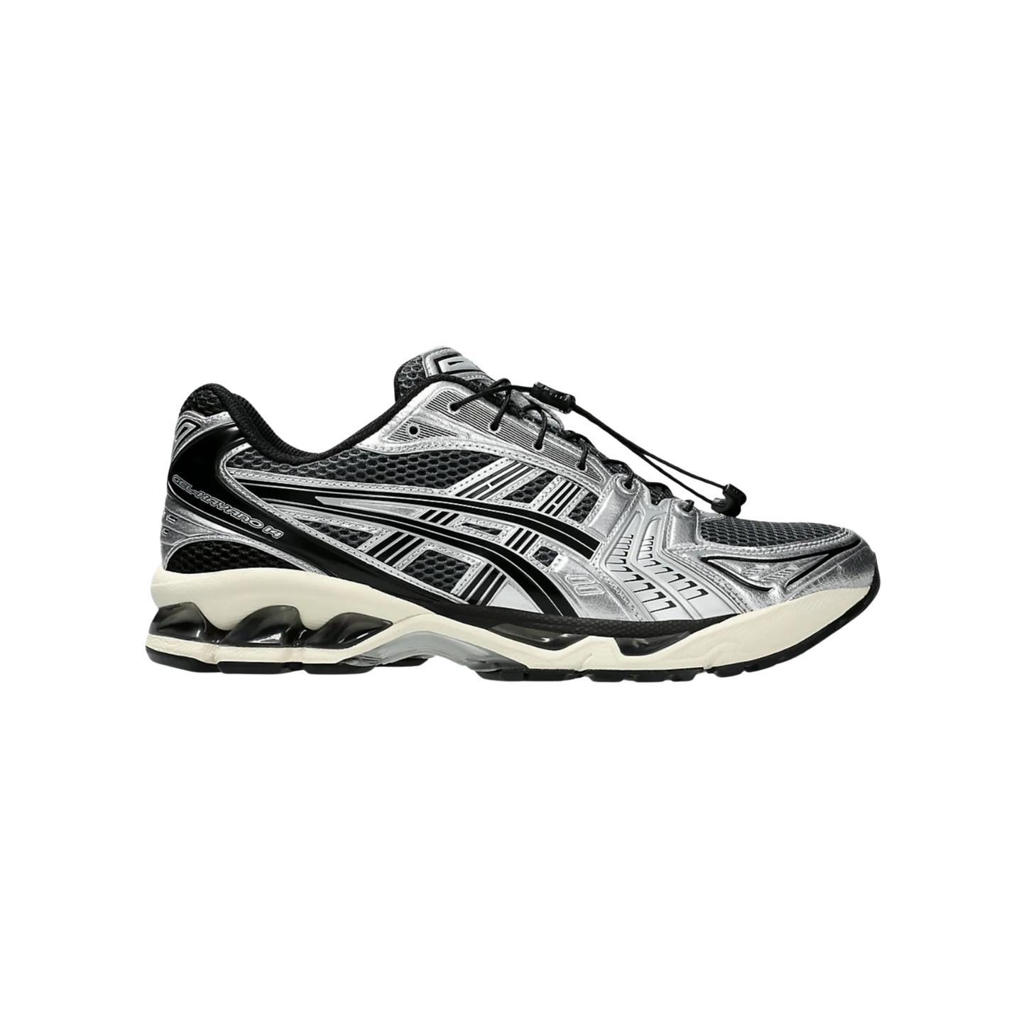 ASICS Kayano 14 Carrier Grey Black – Seitenansicht des Retro-Tech-Sneakers aus atmungsaktivem Mesh mit GEL™-Dämpfung und Gummiaußensohle
