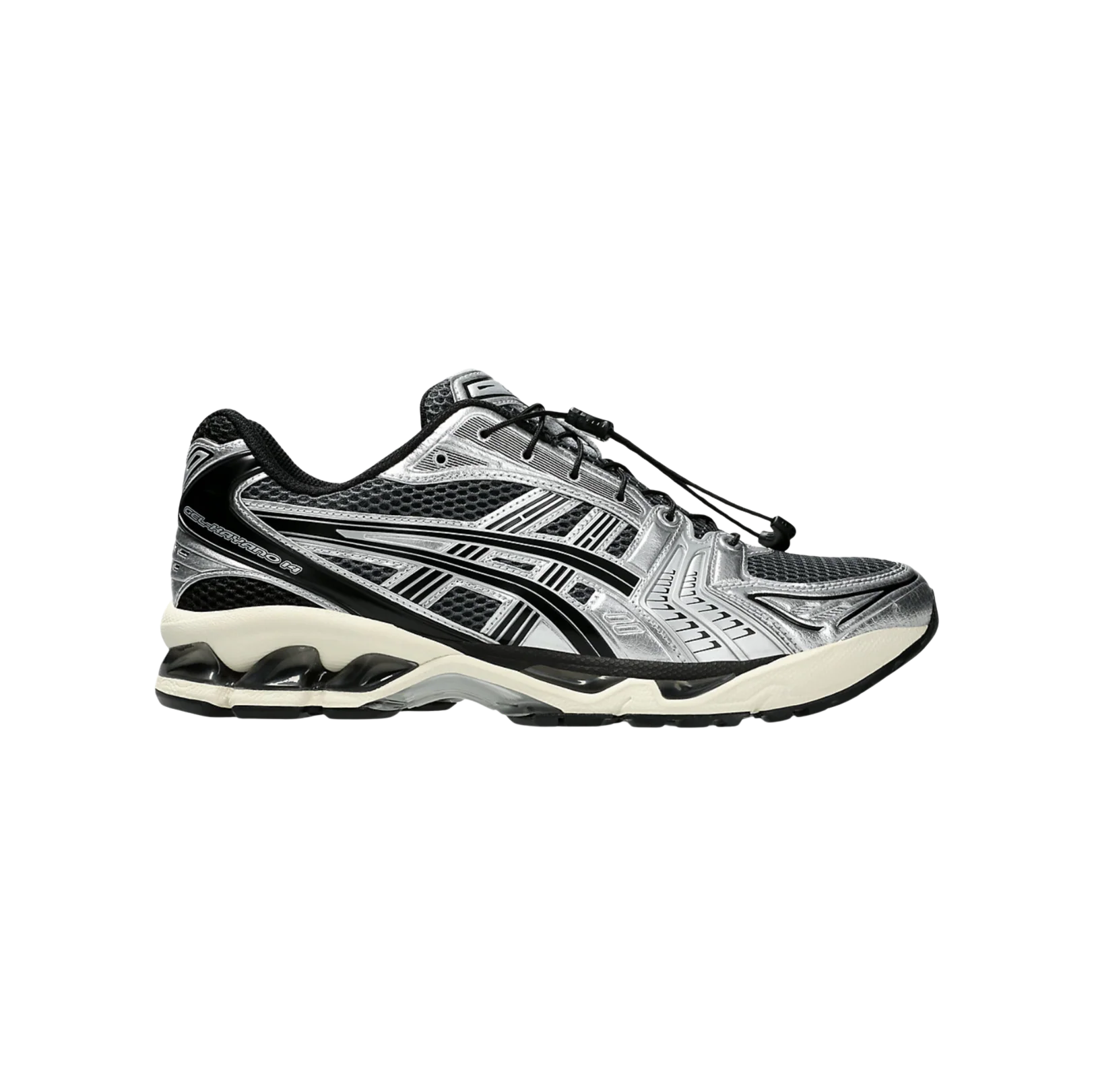 ASICS Kayano 14 Carrier Grey Black – Seitenansicht des Retro-Tech-Sneakers aus atmungsaktivem Mesh mit GEL™-Dämpfung und Gummiaußensohle