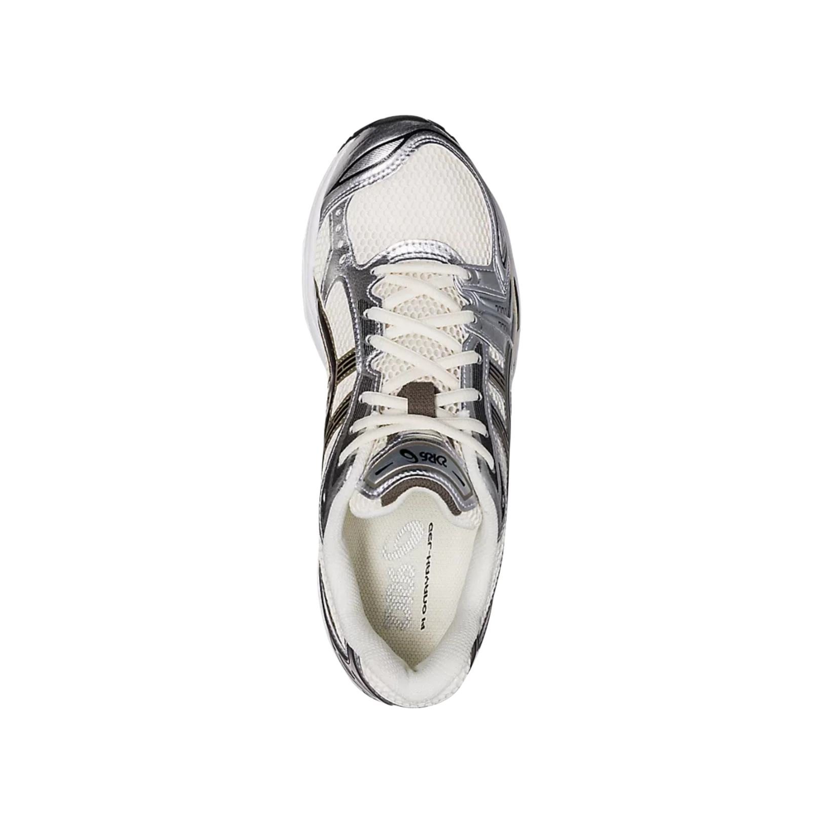ASICS Kayano 14 Cream – Draufsicht des Retro-Tech-Sneakers mit Mesh-Obermaterial, schwarzen Details und Metallic-Plum-Akzenten