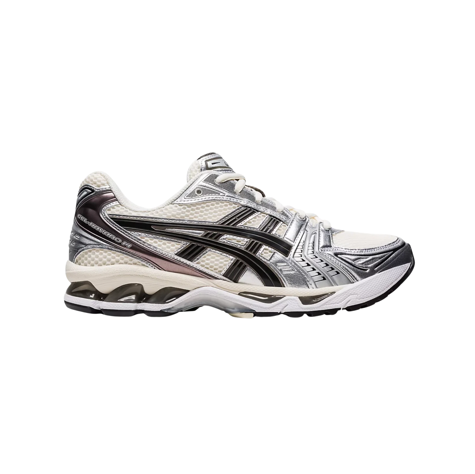 ASICS Kayano 14 Cream – Seitenansicht des Retro-Tech-Sneakers aus Mesh mit GEL™-Dämpfung und technischen Overlays