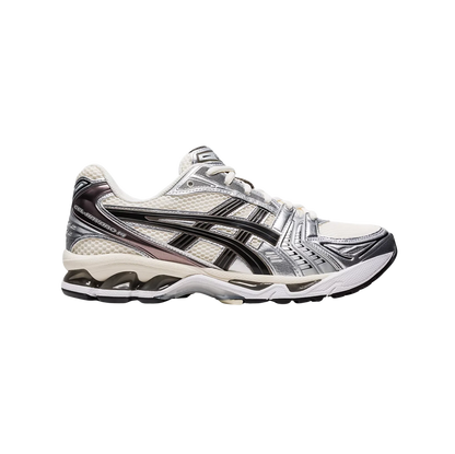 ASICS Kayano 14 Cream – Seitenansicht des Retro-Tech-Sneakers aus Mesh mit GEL™-Dämpfung und technischen Overlays