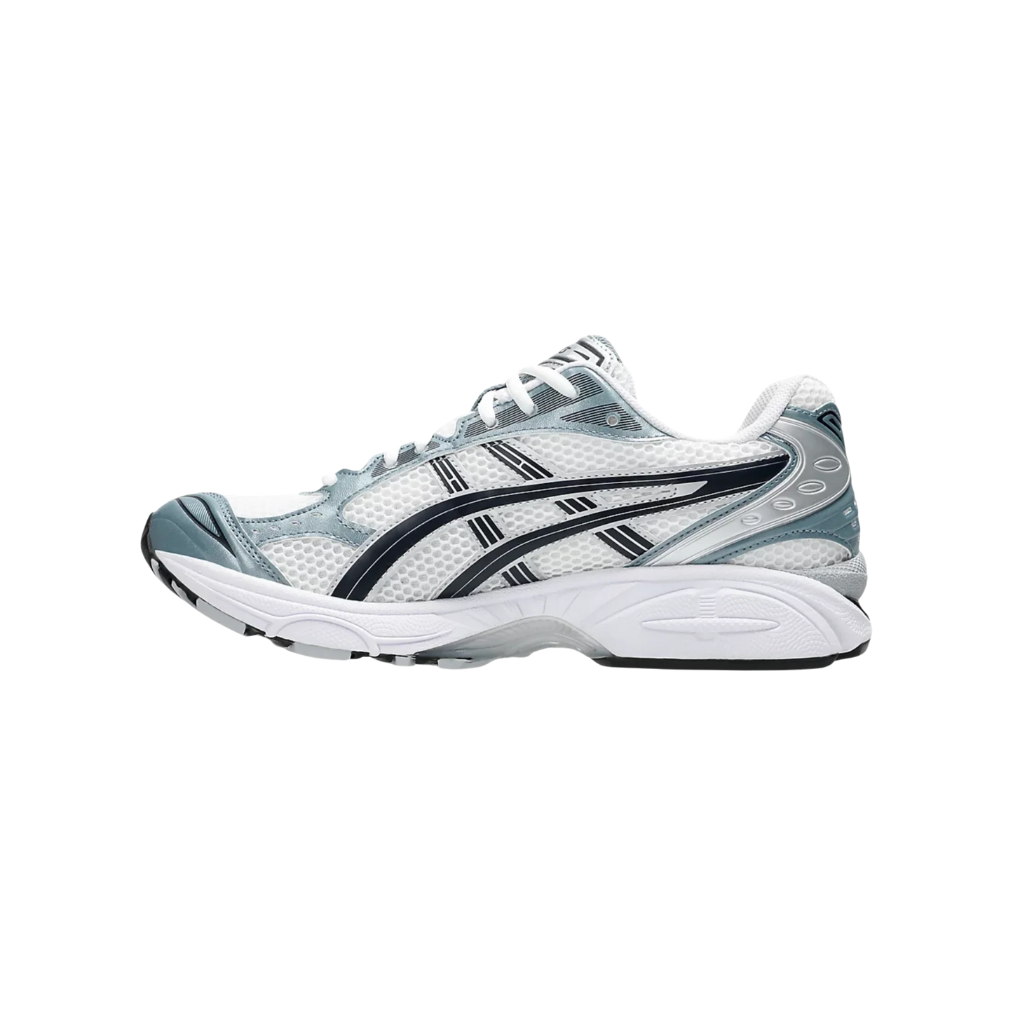 ASICS Kayano 14 White Fjord Grey – Innenseite des Retro-Tech-Sneakers aus Mesh mit sichtbarer GEL™-Dämpfung und Gummisohle