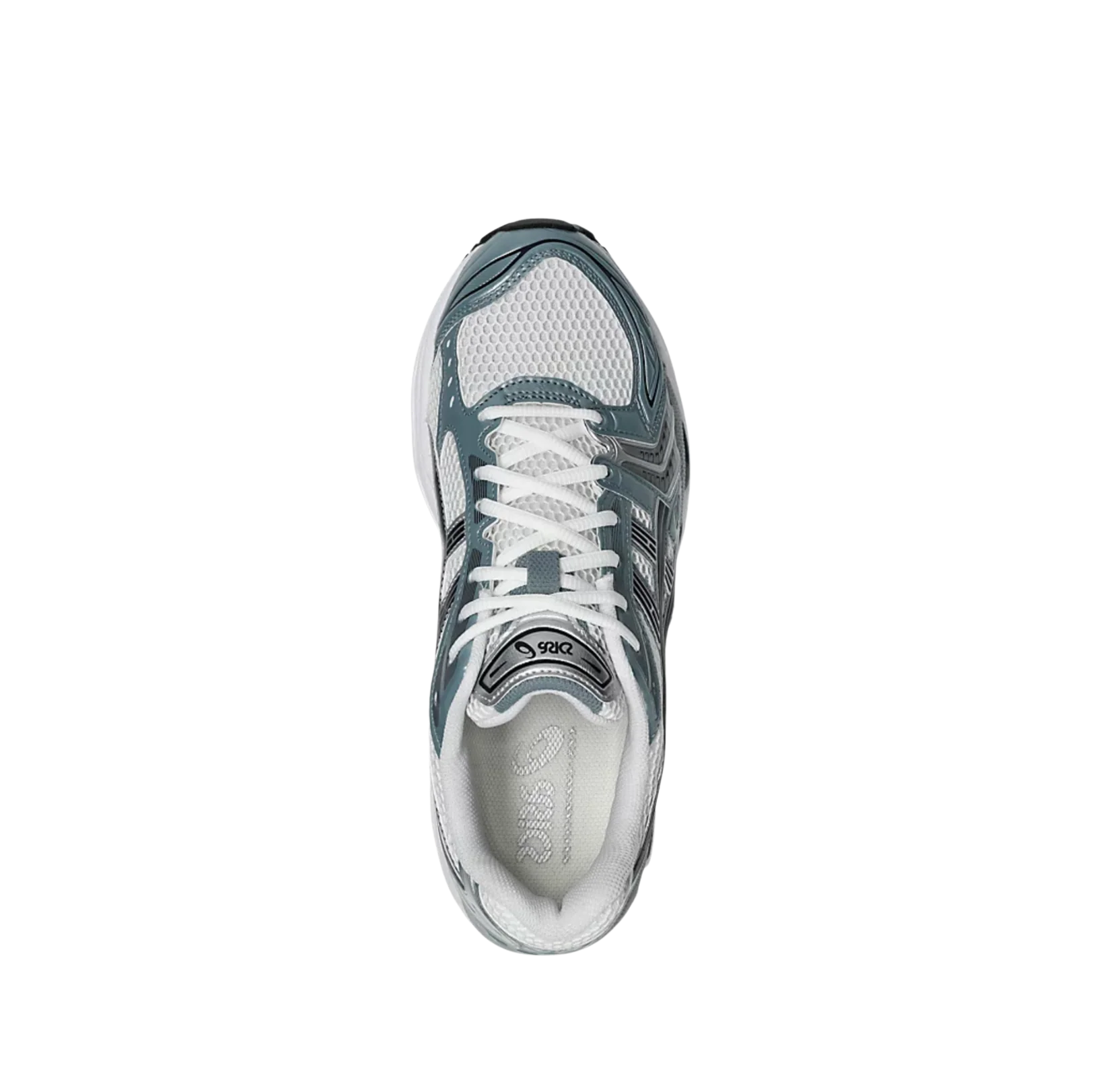 ASICS Kayano 14 White Fjord Grey – Draufsicht des Retro-Tech-Sneakers mit weißen Schnürsenkeln und dynamischer Silhouette