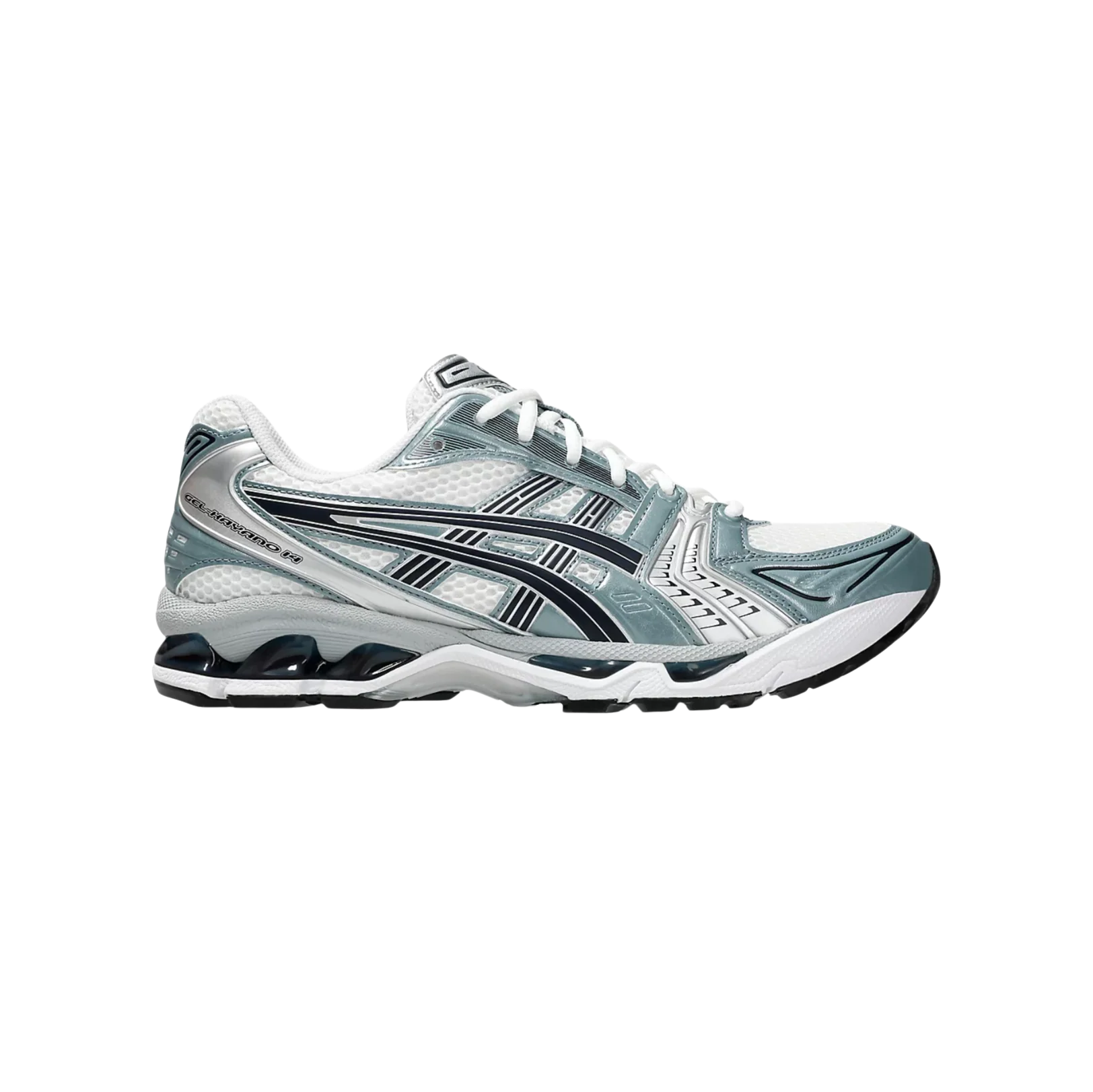 ASICS Kayano 14 White Fjord Grey – Seitenansicht des Retro-Tech-Sneakers aus atmungsaktivem Mesh mit GEL-Dämpfung und Gummisohle