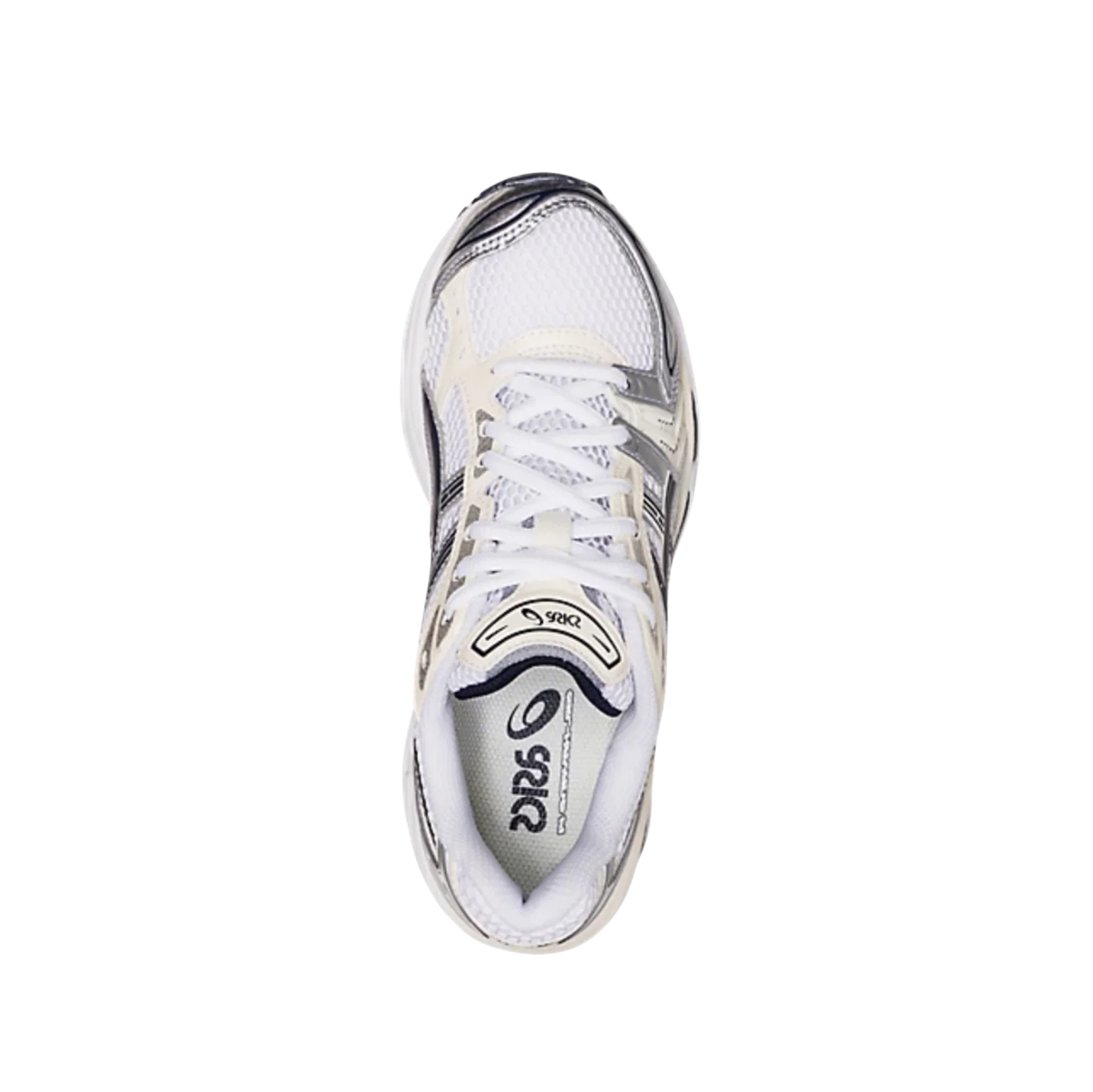 ASICS Kayano 14 White Midnight – Draufsicht der Retro-Tech-Sneaker aus weißem Mesh mit weißen Schnürsenkeln und atmungsaktivem Design