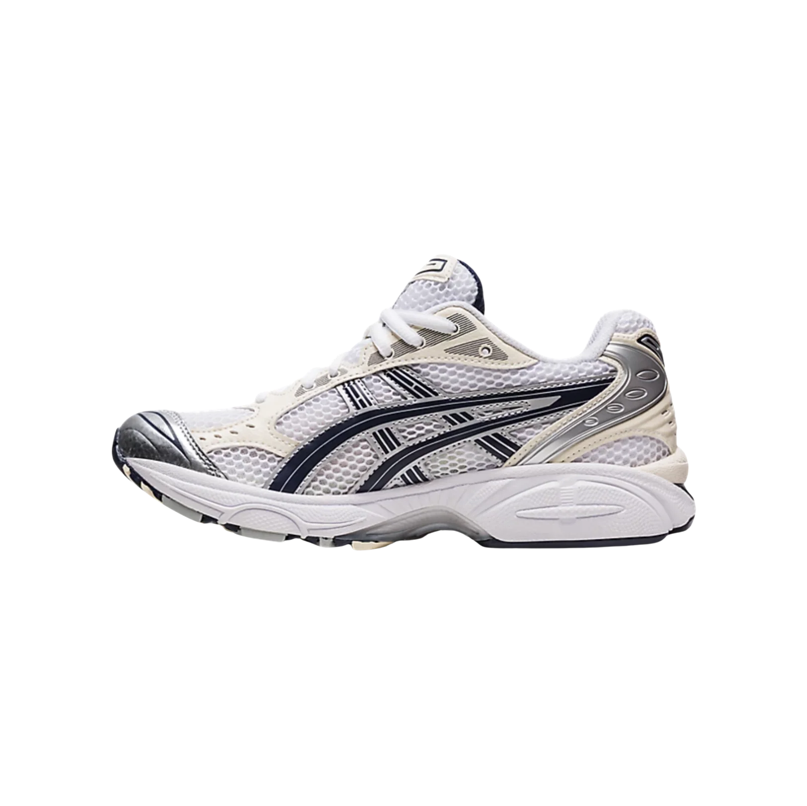 ASICS Kayano 14 White Midnight – gegenüberliegende Seitenansicht der Retro-Tech-Sneaker mit silberfarbenen Overlays und GEL-Dämpfung