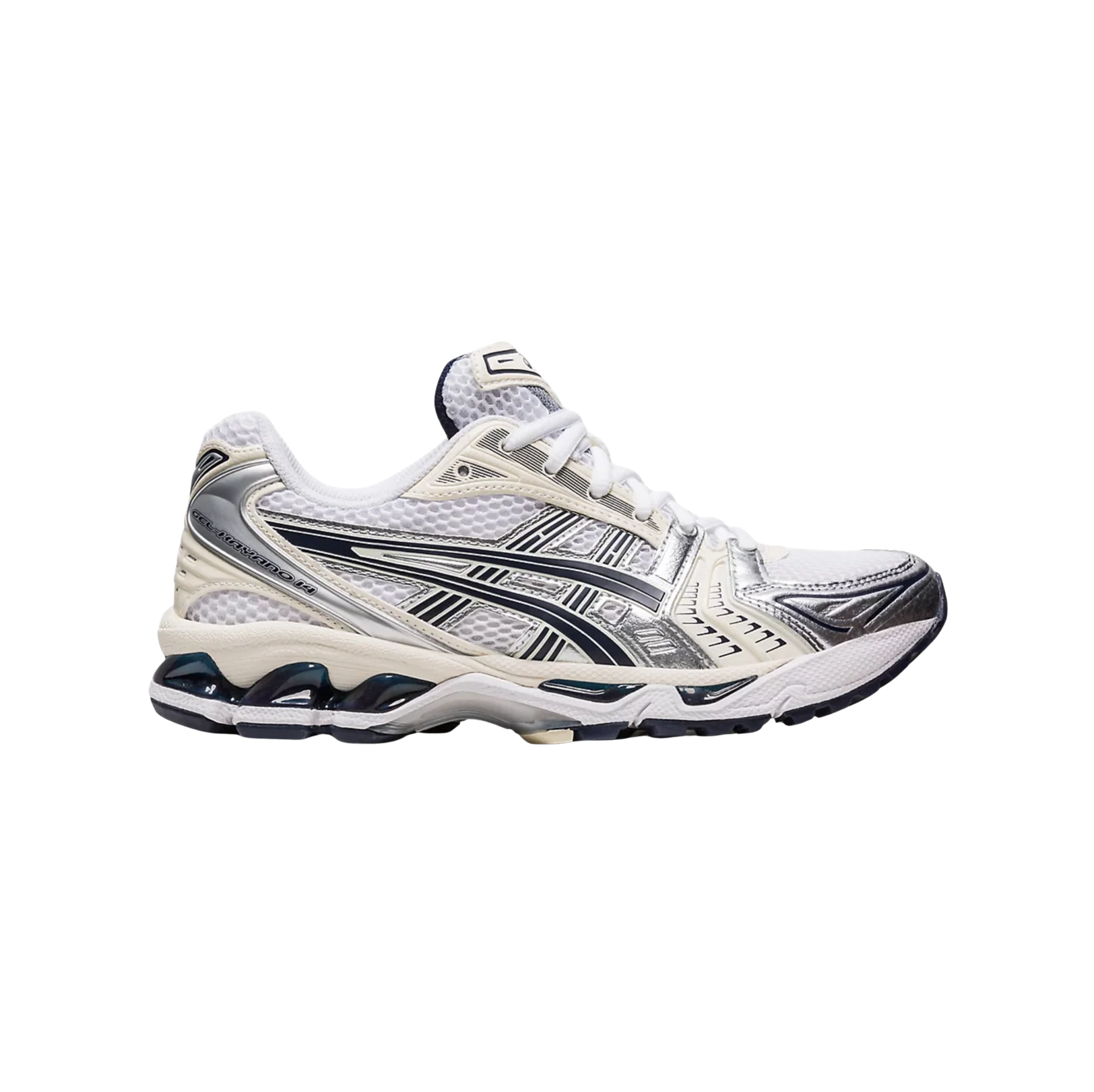 ASICS Kayano 14 White Midnight – Seitenansicht der Retro-Tech-Sneaker aus weißem Mesh mit silbernen Overlays, GEL-Dämpfung und Gummisohle