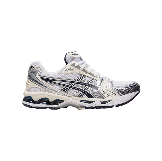 ASICS Kayano 14 White Midnight – Seitenansicht der Retro-Tech-Sneaker aus weißem Mesh mit silbernen Overlays, GEL-Dämpfung und Gummisohle