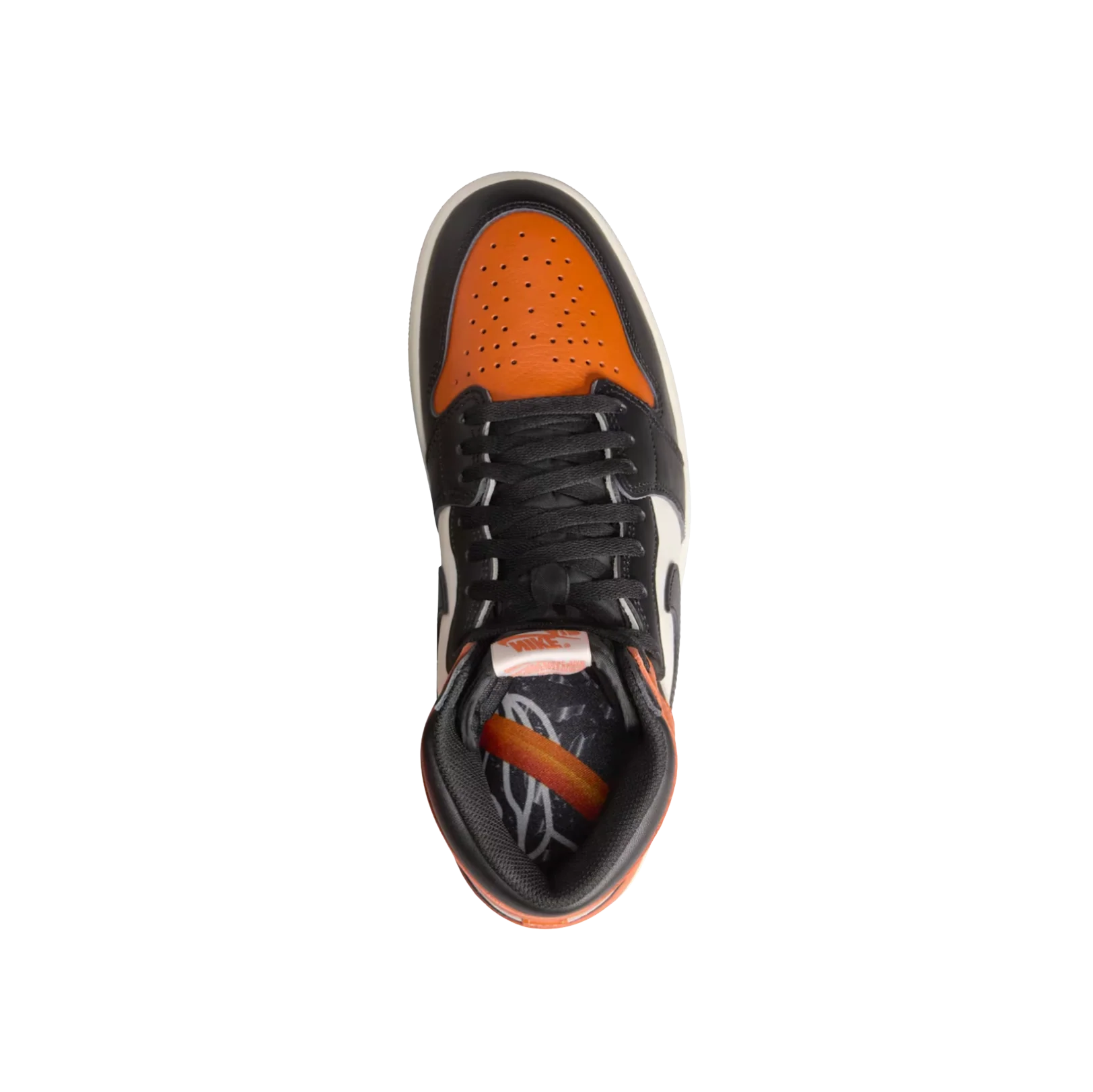 Jordan 1 High OG Shattered Backboard – Oberansicht mit schwarzen Schnürsenkeln, perforierter Toe Box und orangen Starfish-Details.