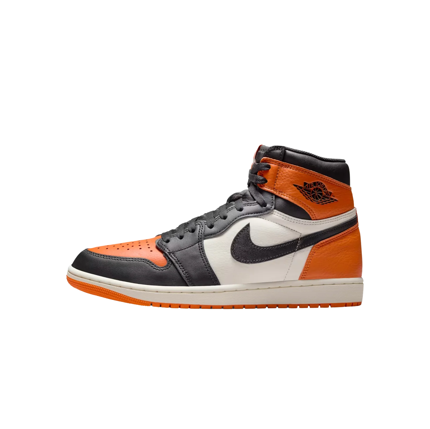 Jordan 1 High OG Shattered Backboard – Innenseite der Retro-Sneaker aus Premiumleder in Weiß, Schwarz und Starfish-Orange.