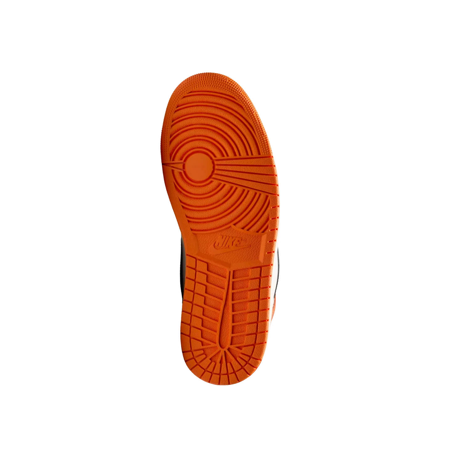 Jordan 1 High OG Shattered Backboard – Außensohle aus rutschfestem Gummi in Starfish-Orange mit klassischem Nike-Kreismuster.