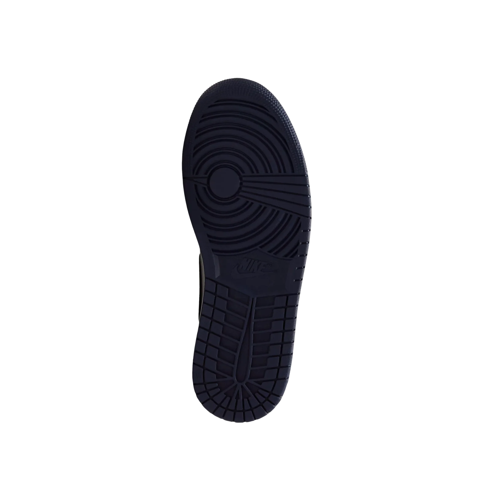 Jordan 1 Low OG Obsidian – Sohlenansicht mit schwarzer, strukturierter Außensohle für optimale Traktion
