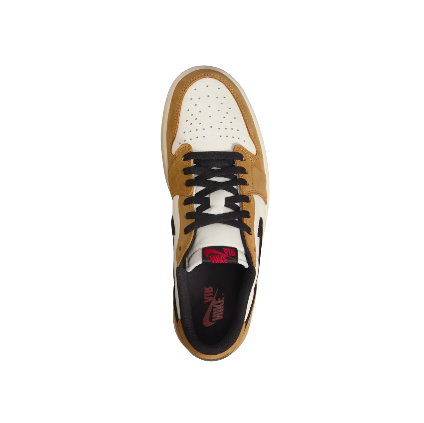 Jordan 1 Low OG Rookie Of The Year – Draufsicht mit perforierter Toebox, schwarzen Schnürsenkeln und Nike Air Branding auf der Zunge