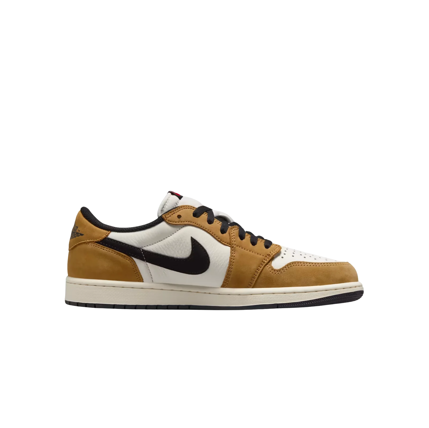 Jordan 1 Low OG Rookie Of The Year – Seitenansicht des Premium-Ledersneakers in Golden Harvest mit schwarzem Nike Swoosh