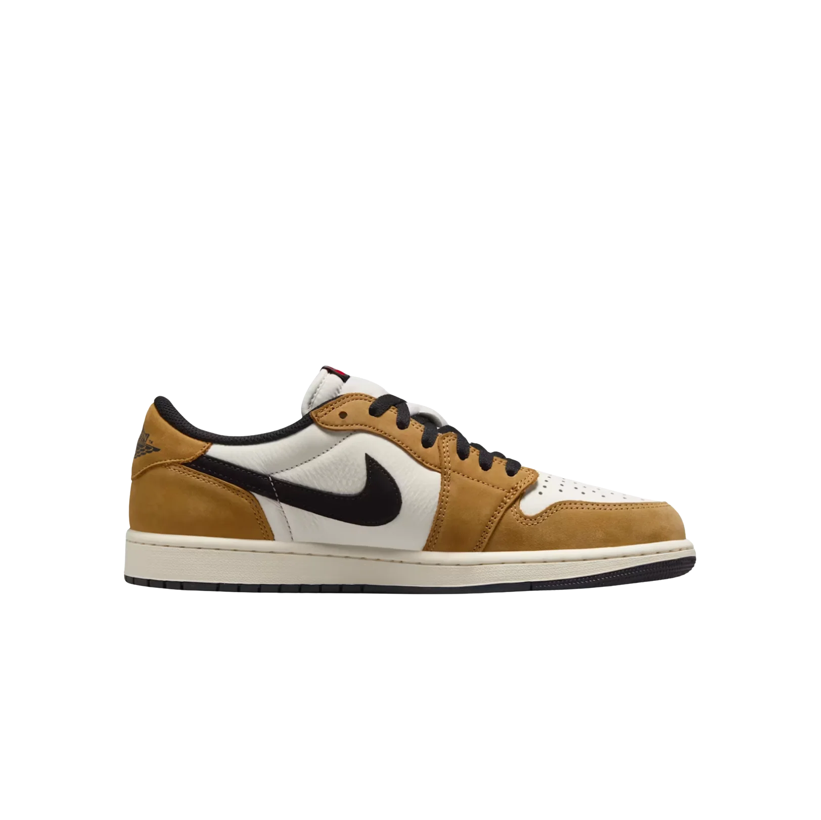 Jordan 1 Low OG Rookie Of The Year – Seitenansicht des Premium-Ledersneakers in Golden Harvest mit schwarzem Nike Swoosh