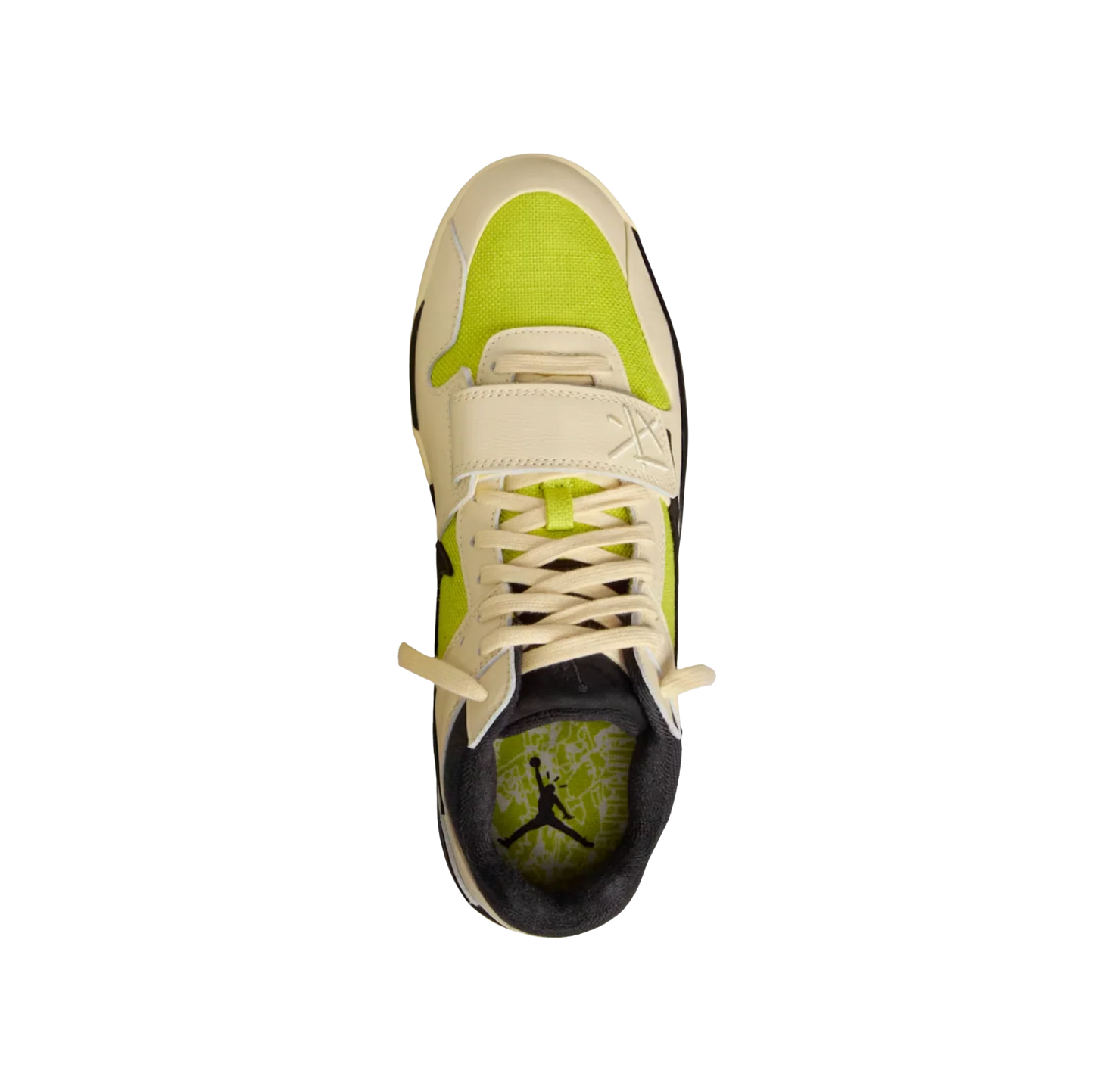 Jordan 1 Travis Scott Bright Cactus – Draufsicht in Bright Cactus mit schwarzem Swoosh und cremefarbenen Overlays