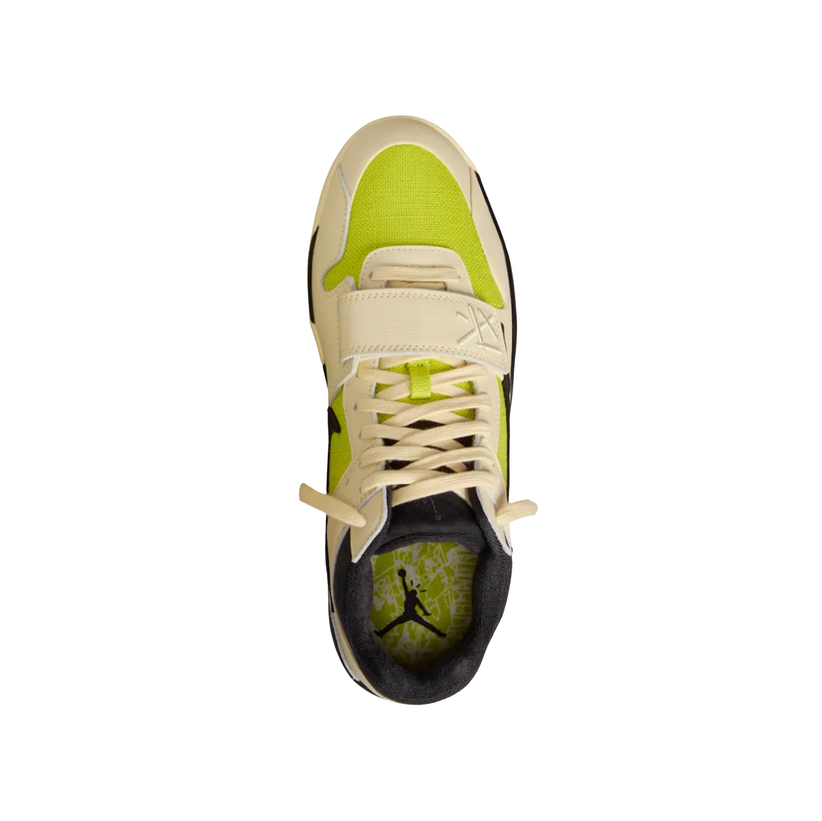 Jordan 1 Travis Scott Bright Cactus – Draufsicht in Bright Cactus mit schwarzem Swoosh und cremefarbenen Overlays