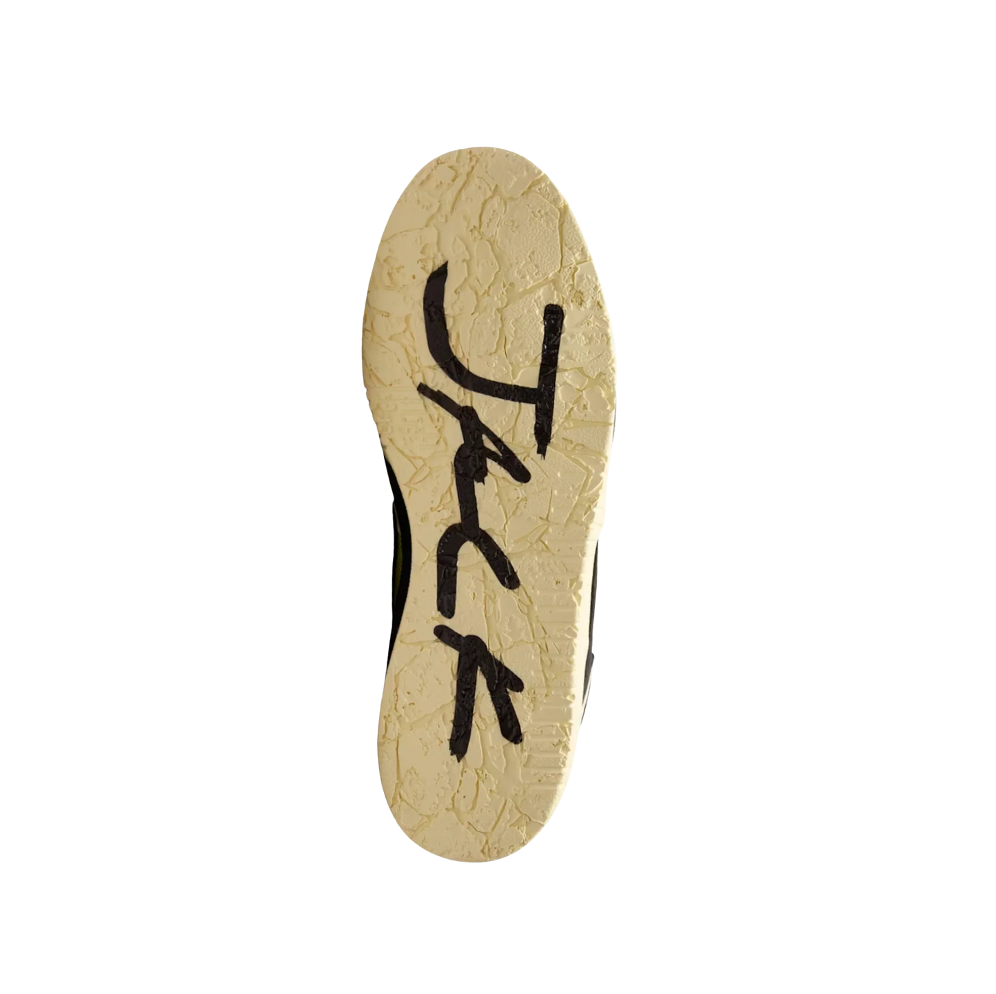 Jordan 1 Travis Scott Bright Cactus – Sohlenansicht mit Jack-Schriftzug auf der strukturierten Gummisohle