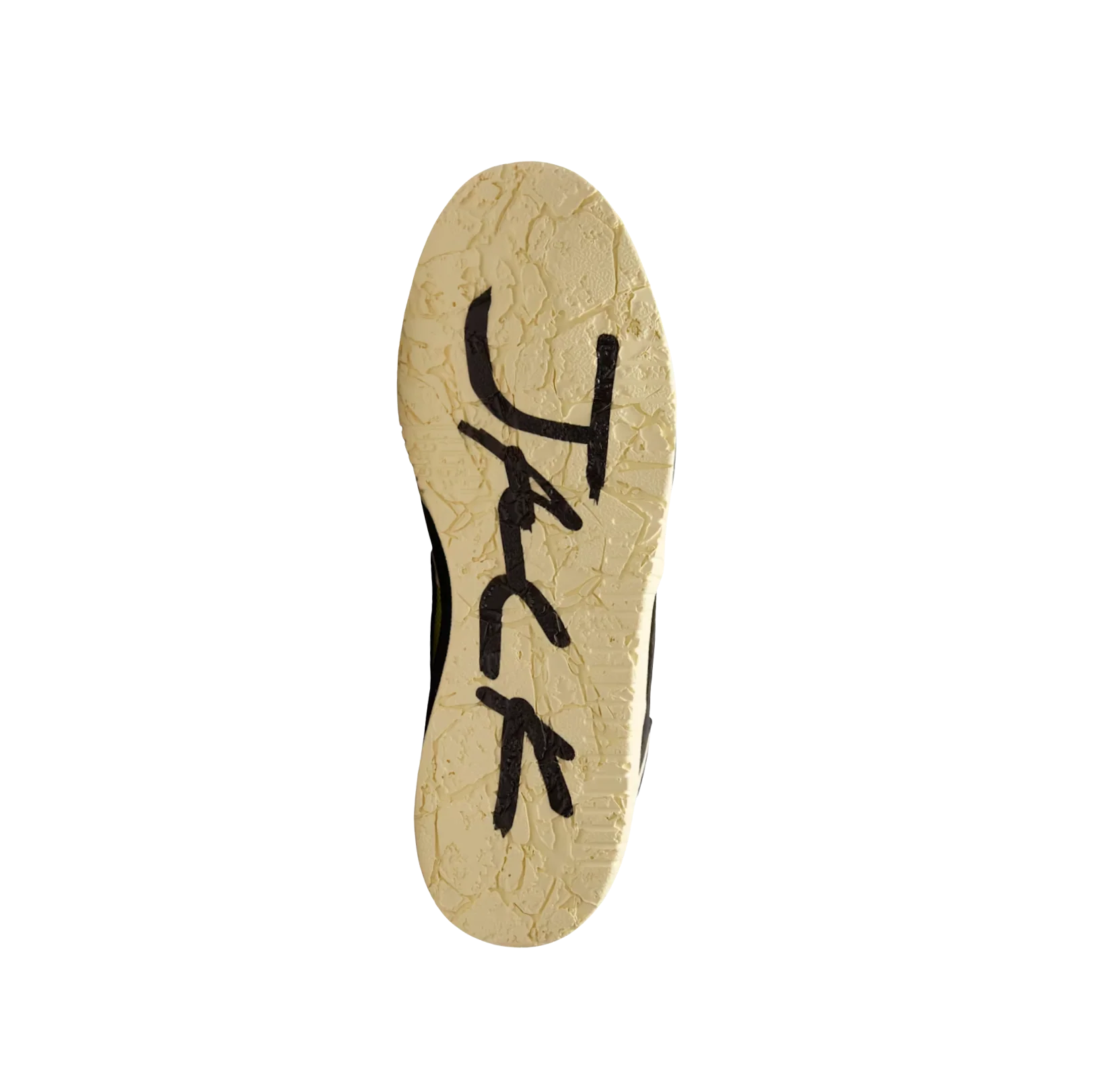 Jordan 1 Travis Scott Bright Cactus – Sohlenansicht mit Jack-Schriftzug auf der strukturierten Gummisohle