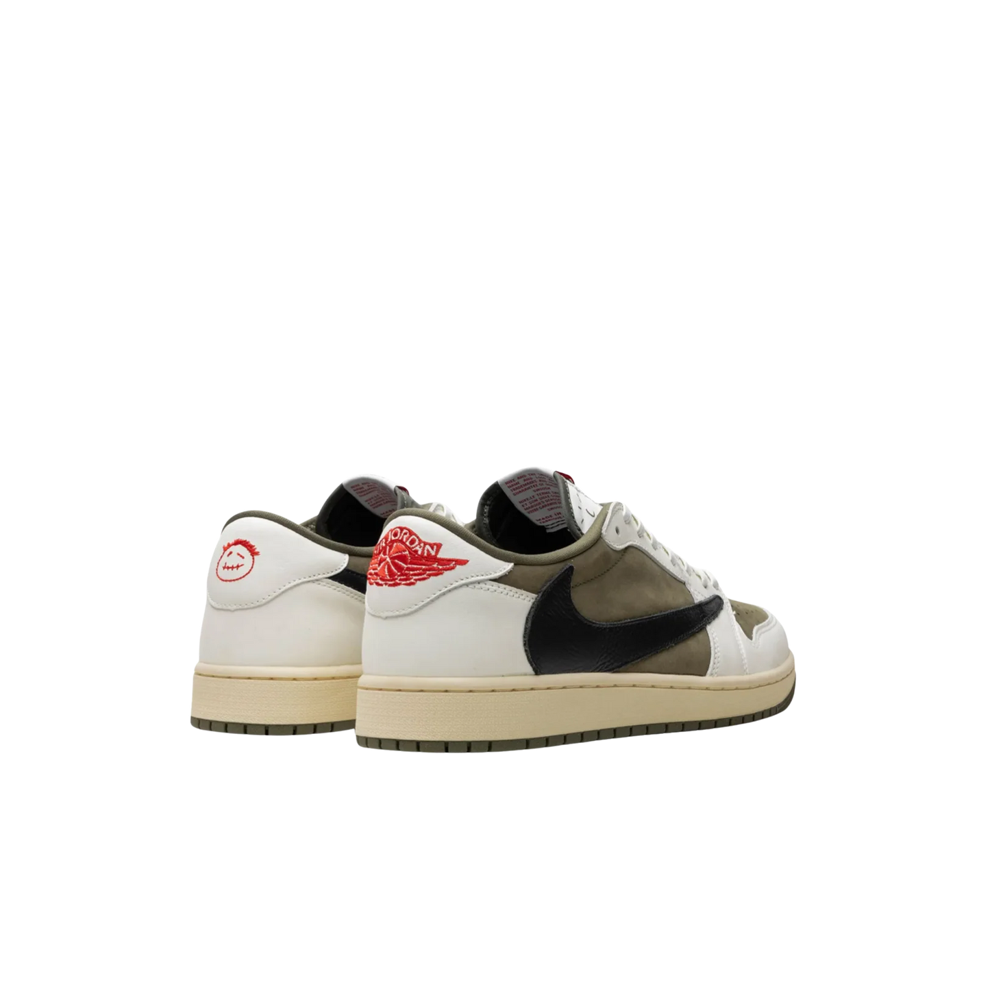 Jordan 1 Travis Scott Medium Olive – 3/4-Ansicht mit gesticktem Cactus Jack, rotem Jordan Logo und umgekehrtem Swoosh