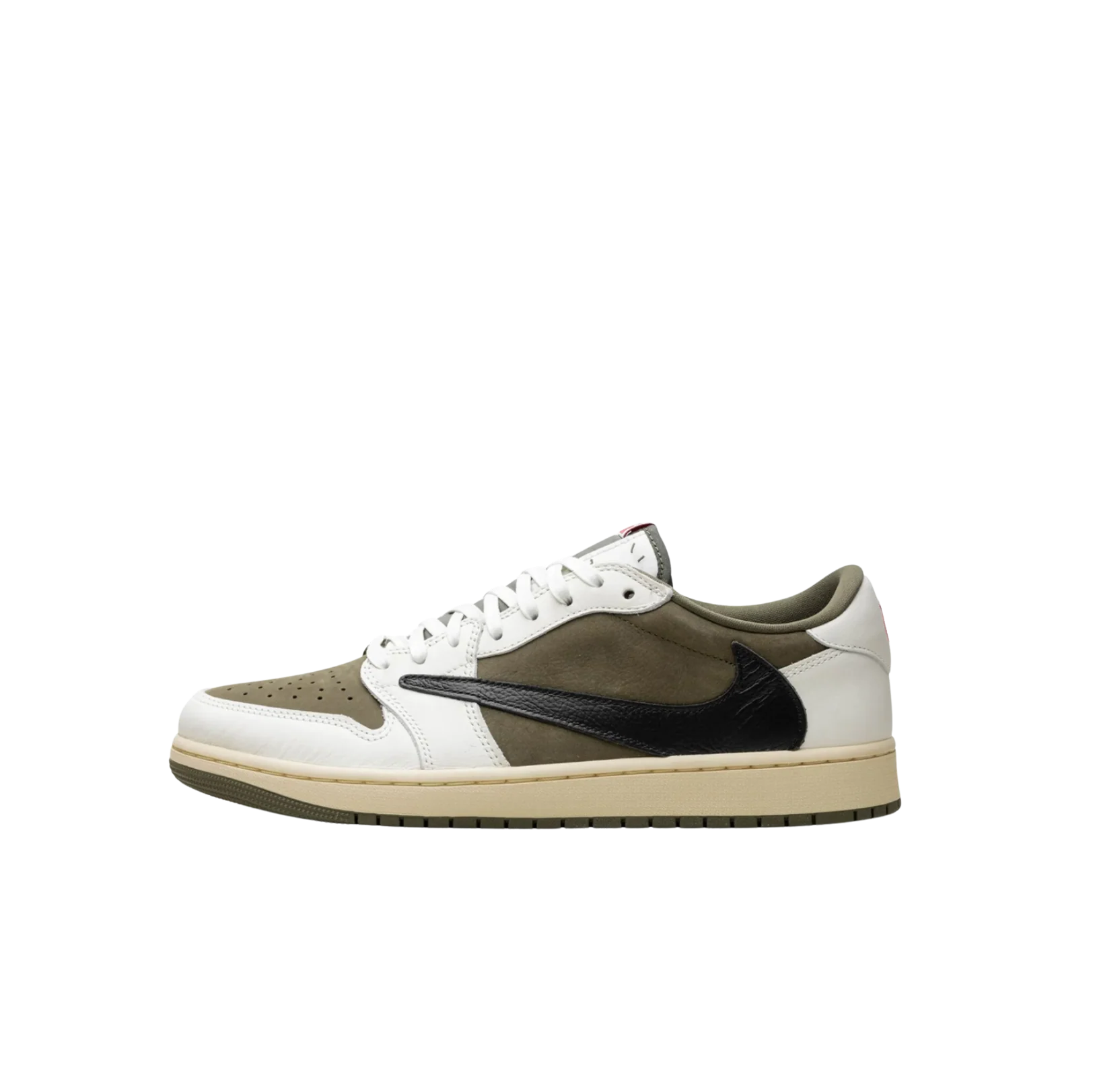 Jordan 1 Travis Scott Medium Olive – Innenseite mit olivfarbenem Wildleder und asymmetrischem Travis Scott Design