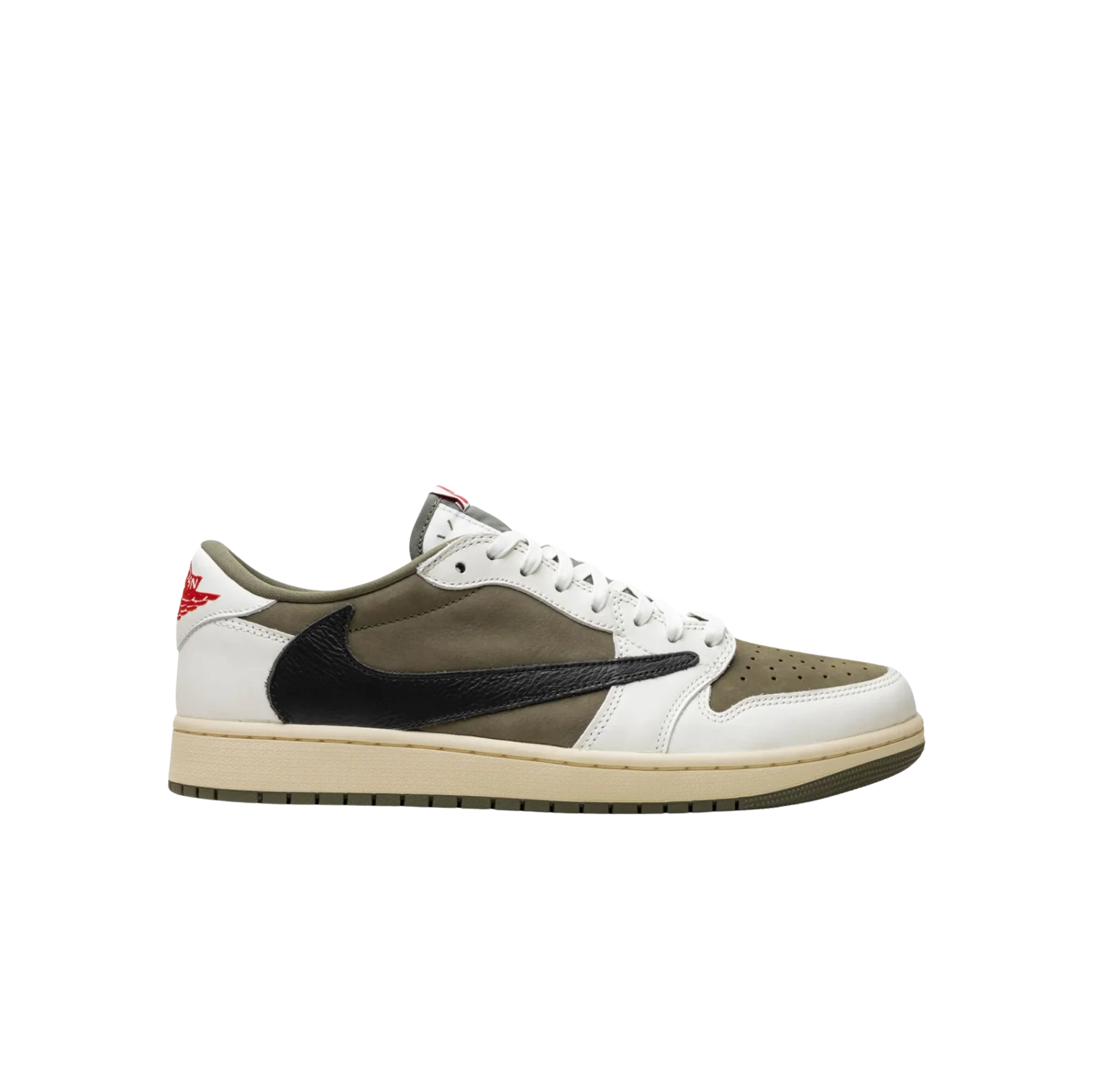 Jordan 1 Travis Scott Medium Olive – Seitenansicht Low-Top Sneaker aus Leder & Wildleder mit umgekehrtem Swoosh und Gummisohle